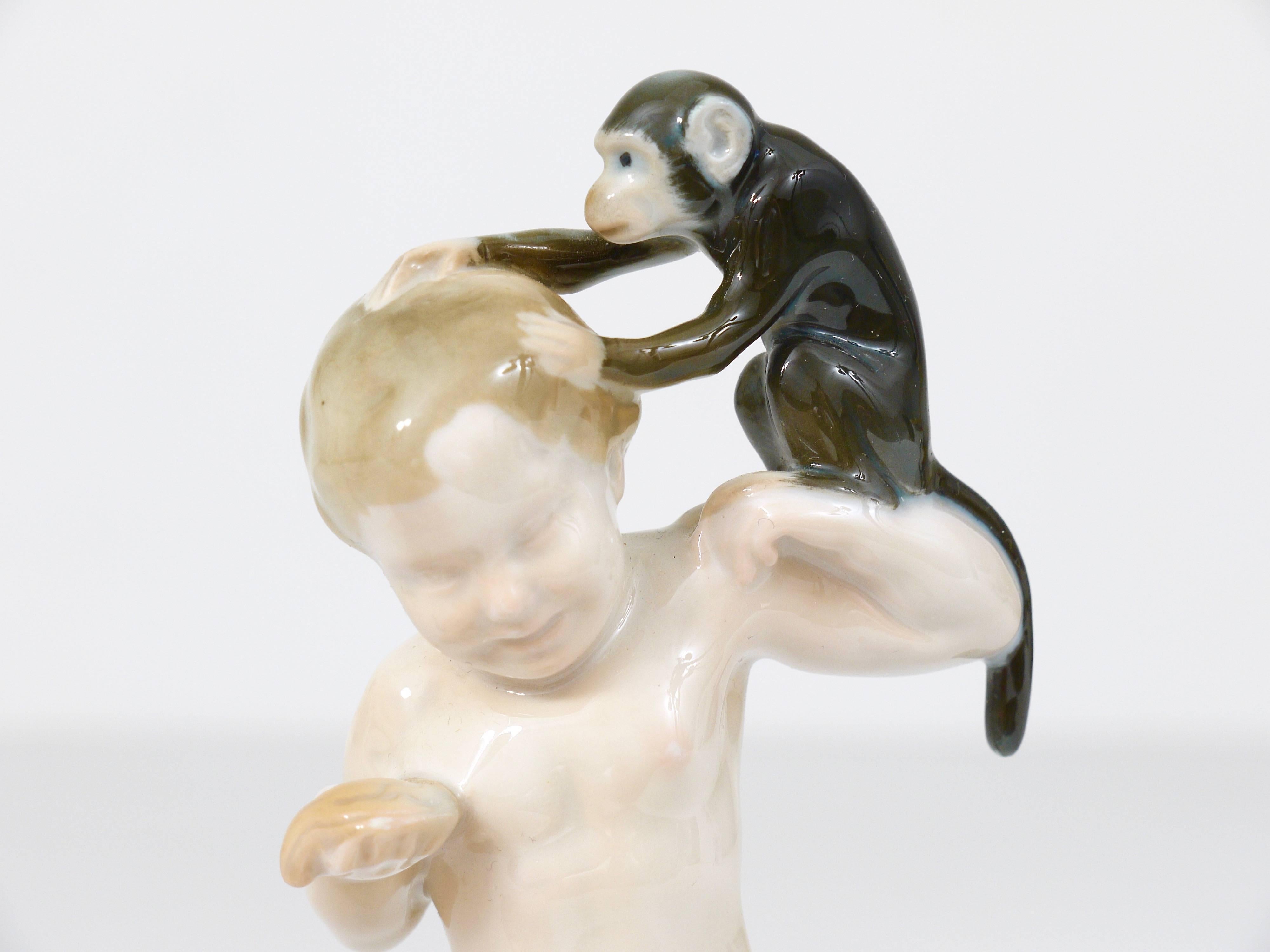 1910s Rosenthal Putto & Monkey Porcelain Sculpture by Ferdinand Liebermann For Sale 2