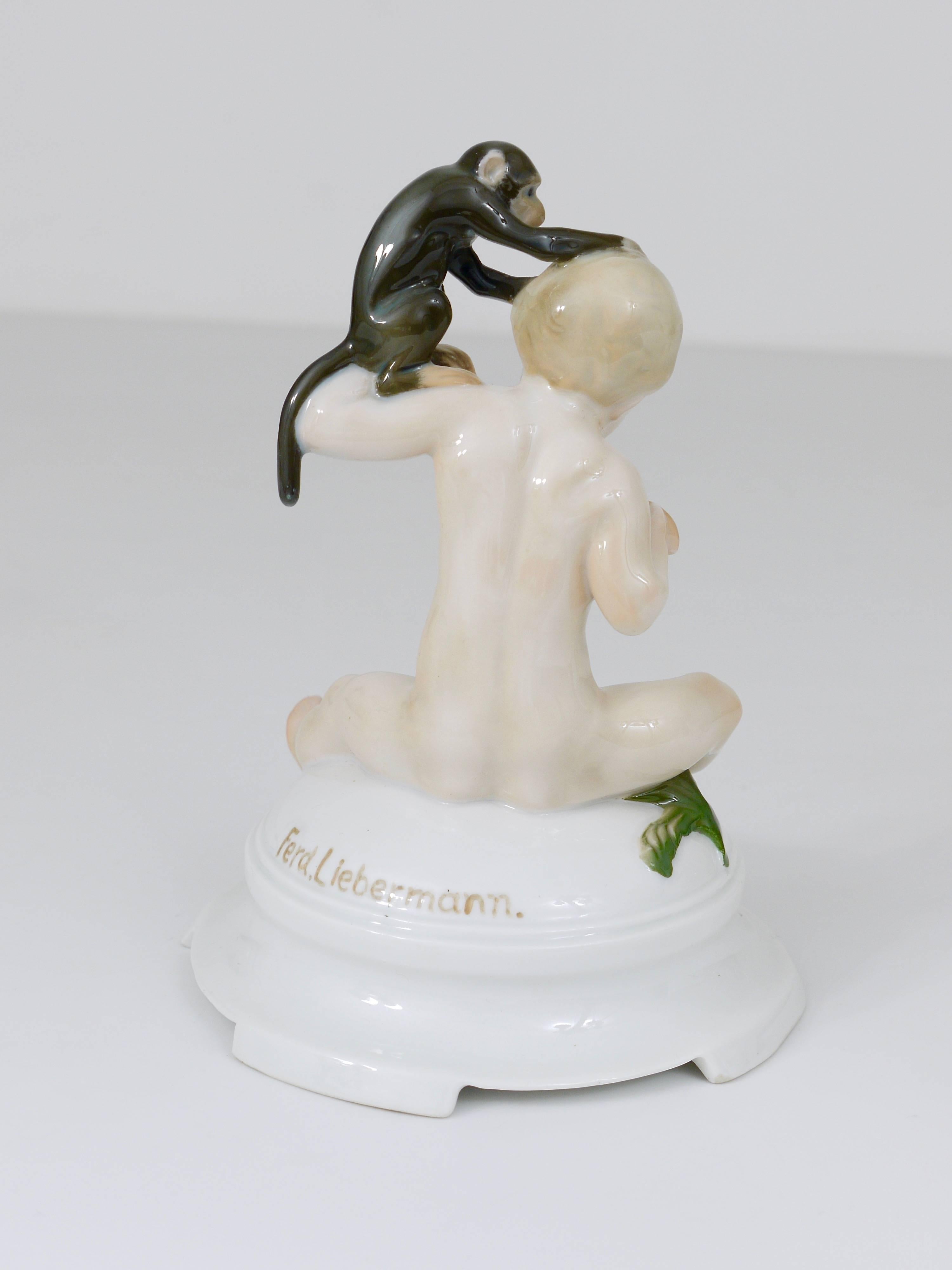 1910s Rosenthal Putto & Monkey Porcelain Sculpture by Ferdinand Liebermann For Sale 3