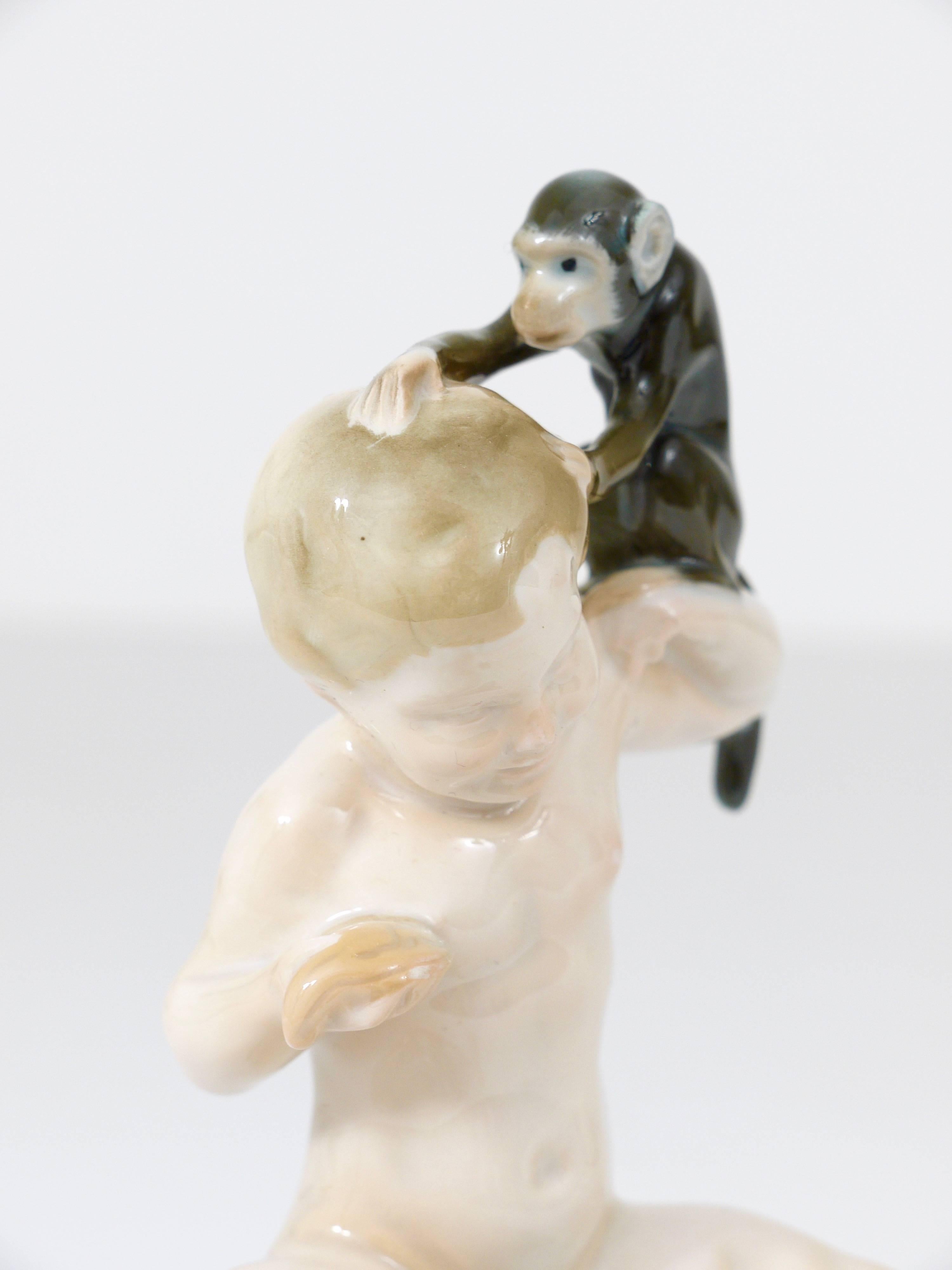 1910s Rosenthal Putto & Monkey Porcelain Sculpture by Ferdinand Liebermann For Sale 4