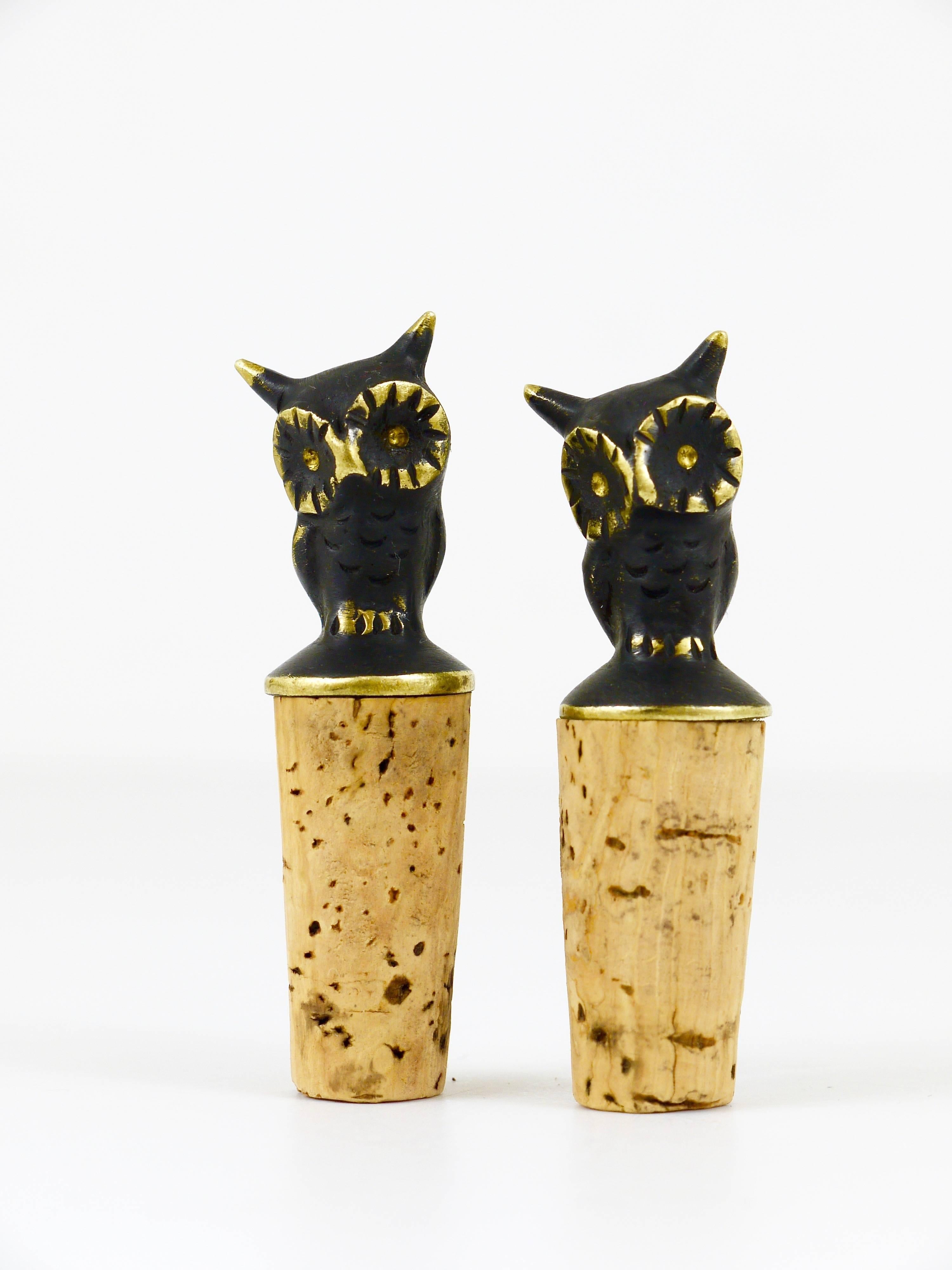 Mid-Century Modern Two Beautiful Brass Owl Figurine Bottle Stoppers, Brass, Hertha Baller, Austria