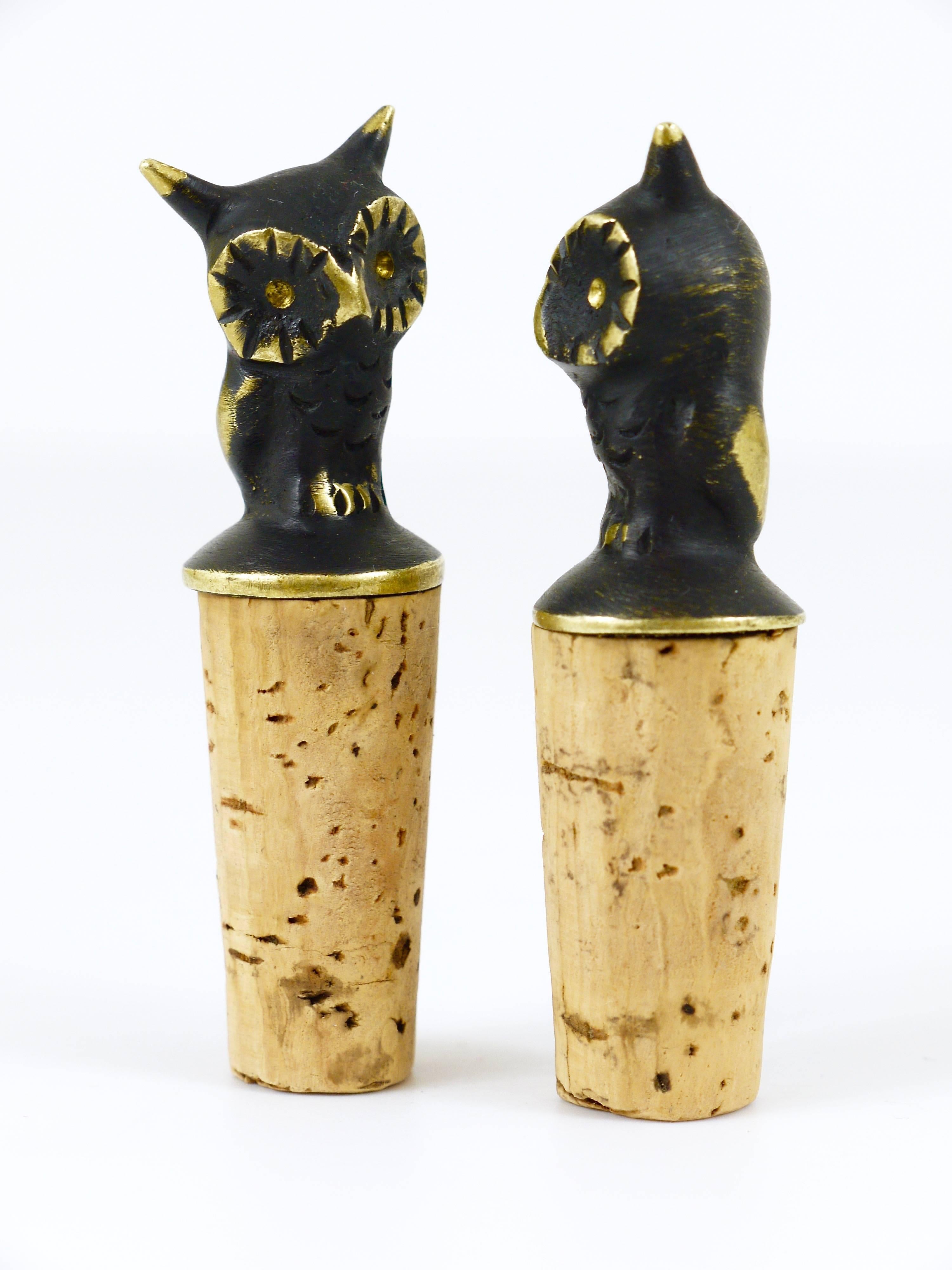 Austrian Two Beautiful Brass Owl Figurine Bottle Stoppers, Brass, Hertha Baller, Austria