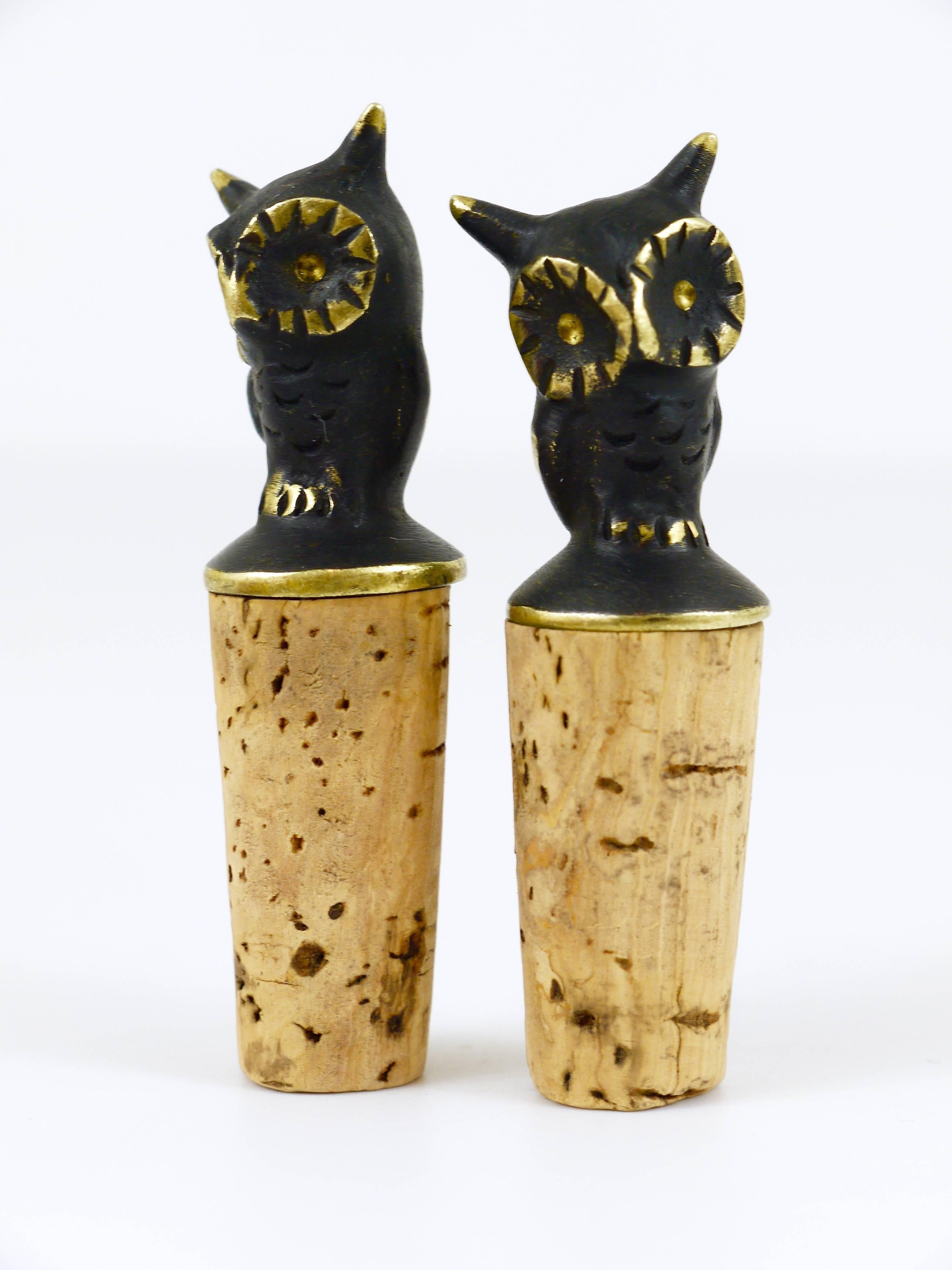 20th Century Two Beautiful Brass Owl Figurine Bottle Stoppers, Brass, Hertha Baller, Austria