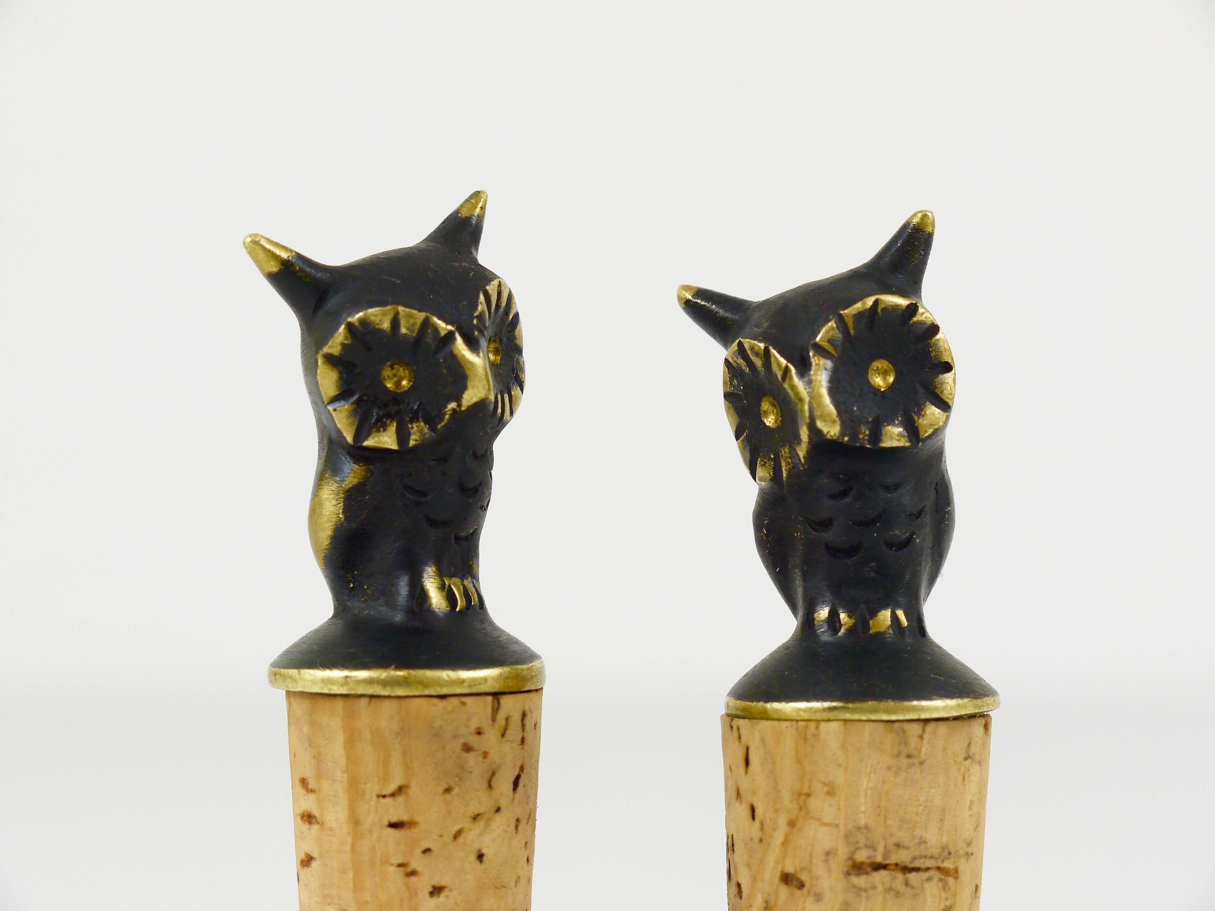Two Beautiful Brass Owl Figurine Bottle Stoppers, Brass, Hertha Baller, Austria 1