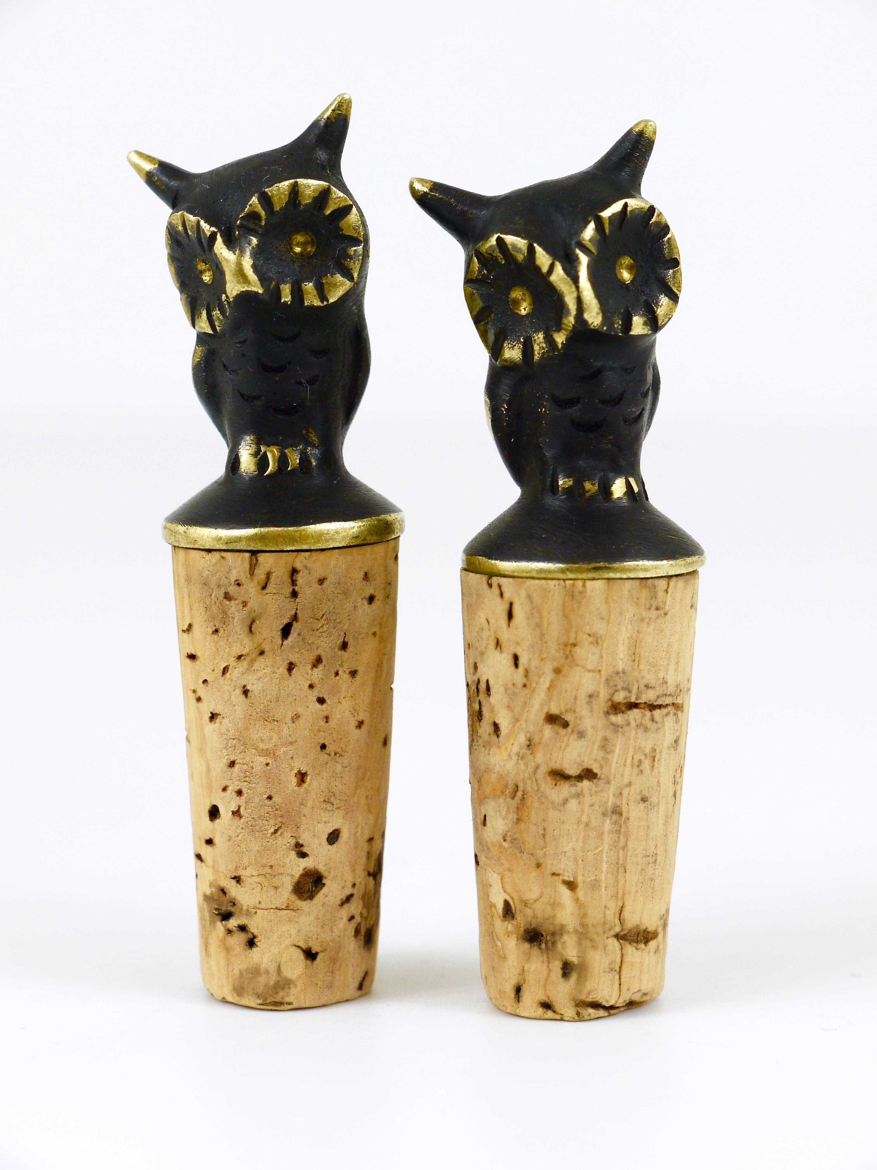 Two Beautiful Brass Owl Figurine Bottle Stoppers, Brass, Hertha Baller, Austria 2