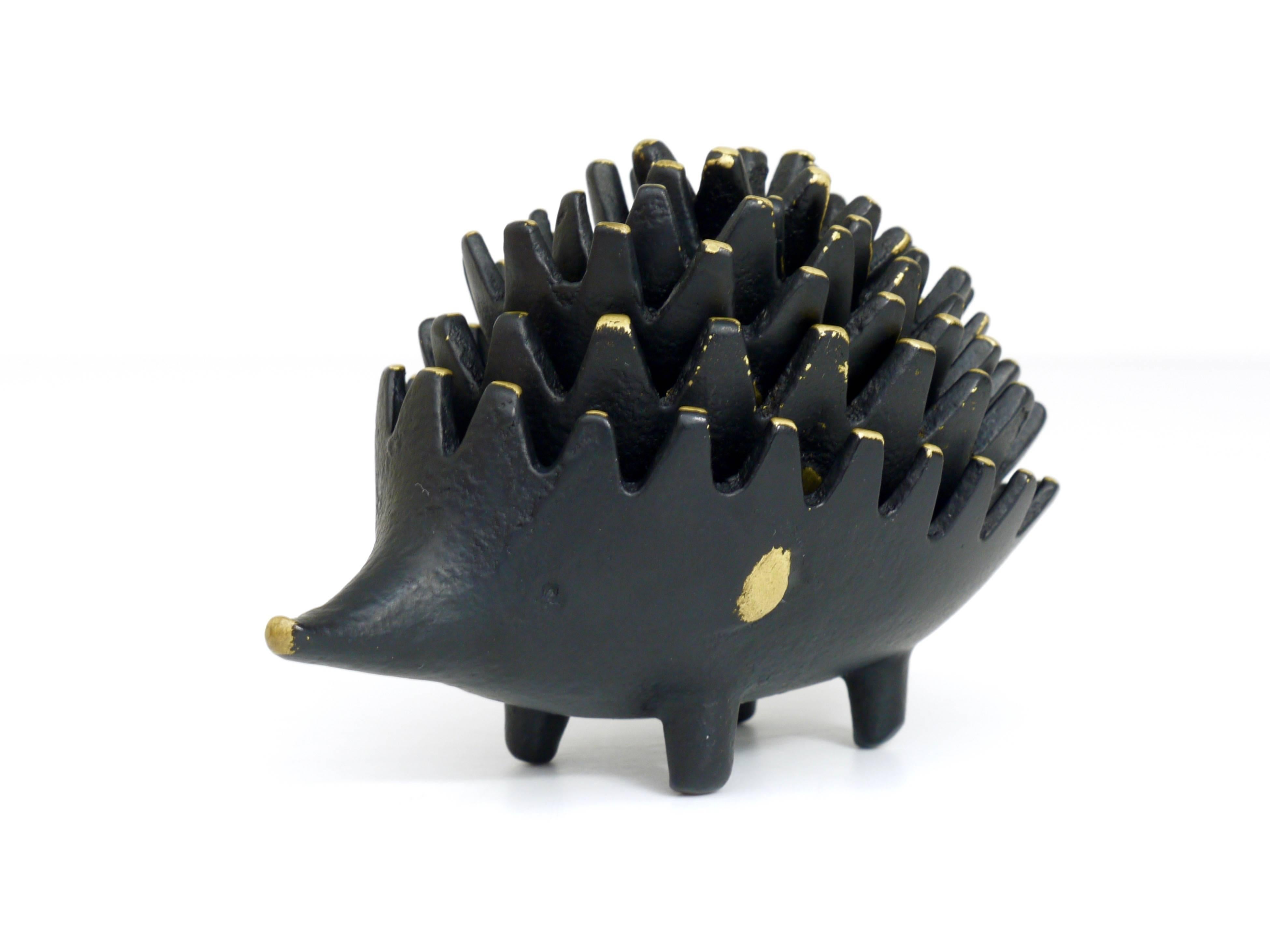 A complete set of six stackable hedgehog ashtrays. A very humorous design by Walter Bosse, executed by Hertha Baller Austria in the 1950s. Made of brass, in very good condition with nice patina.