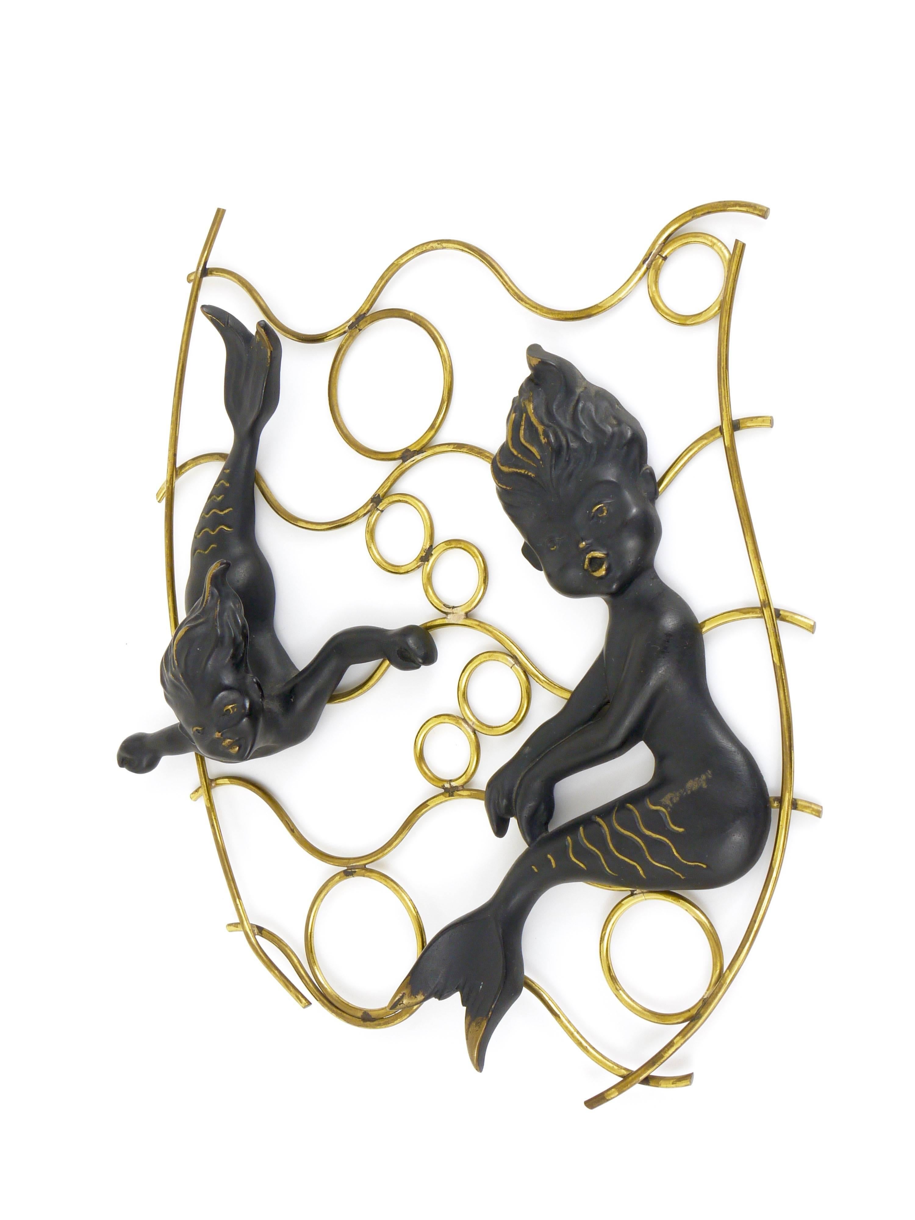 Austrian Modernist Mermaid Wall-Mounted Brass Sculptures, Hertha Baller, Austria, 1950s