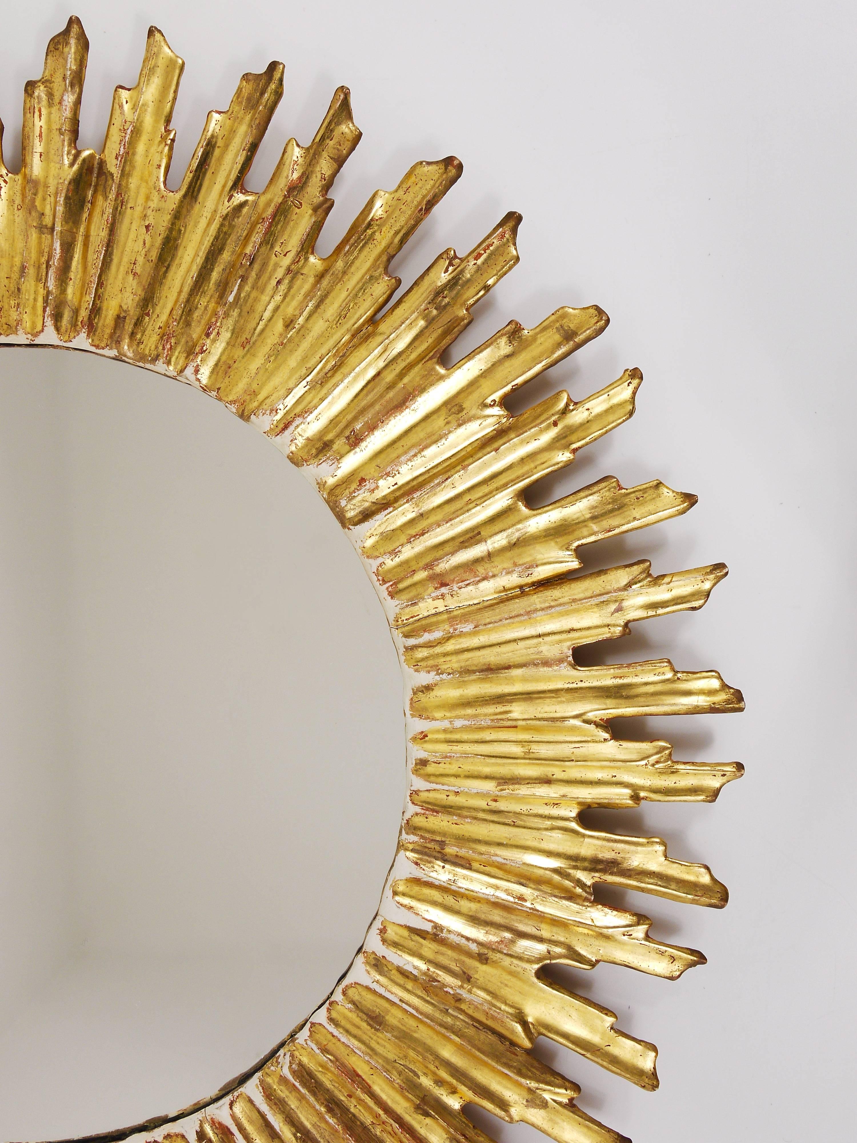 20th Century Beautiful Carved Giltwood Sunburst Mirror, France, 1950s