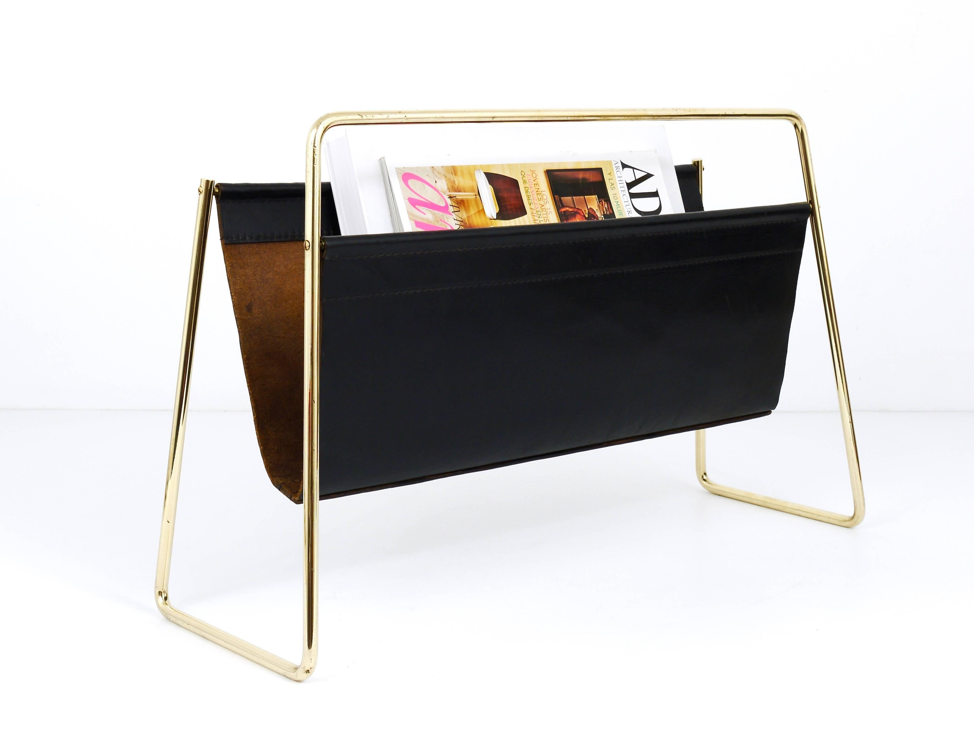 Large Carl Auböck News Rack, Brass, Leather, Austria, 1950s In Excellent Condition In Vienna, AT