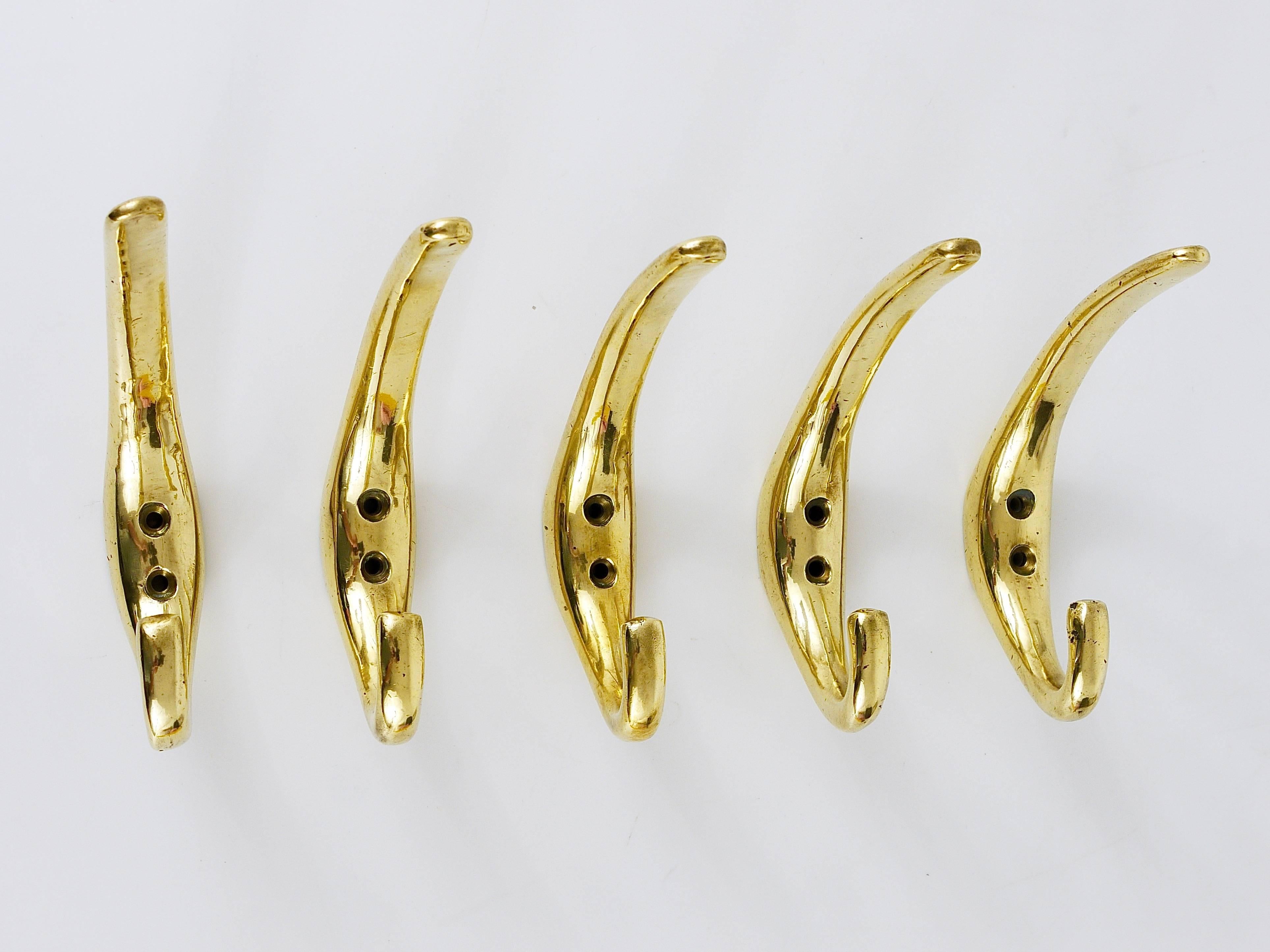 Mid-Century Modern Five Hand-Crafted Modernist Brass Wall Hooks, Austria, 1950s