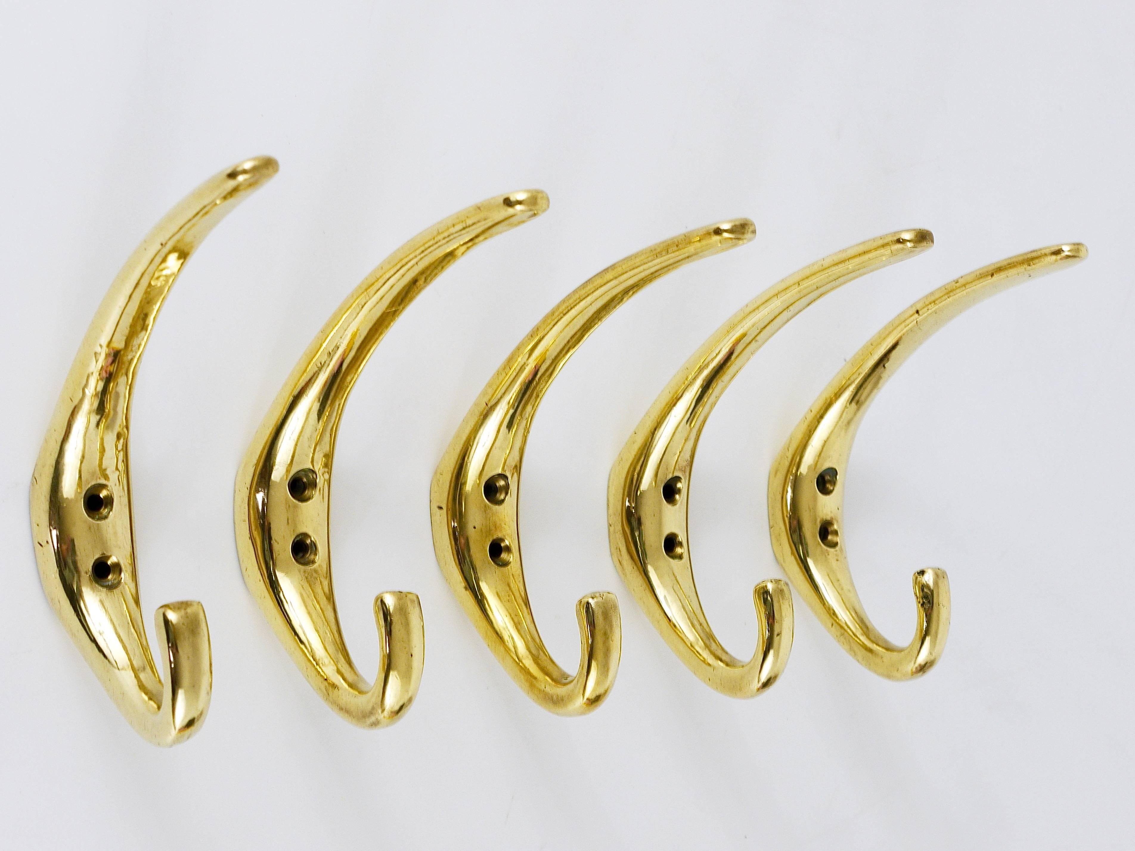20th Century Five Hand-Crafted Modernist Brass Wall Hooks, Austria, 1950s
