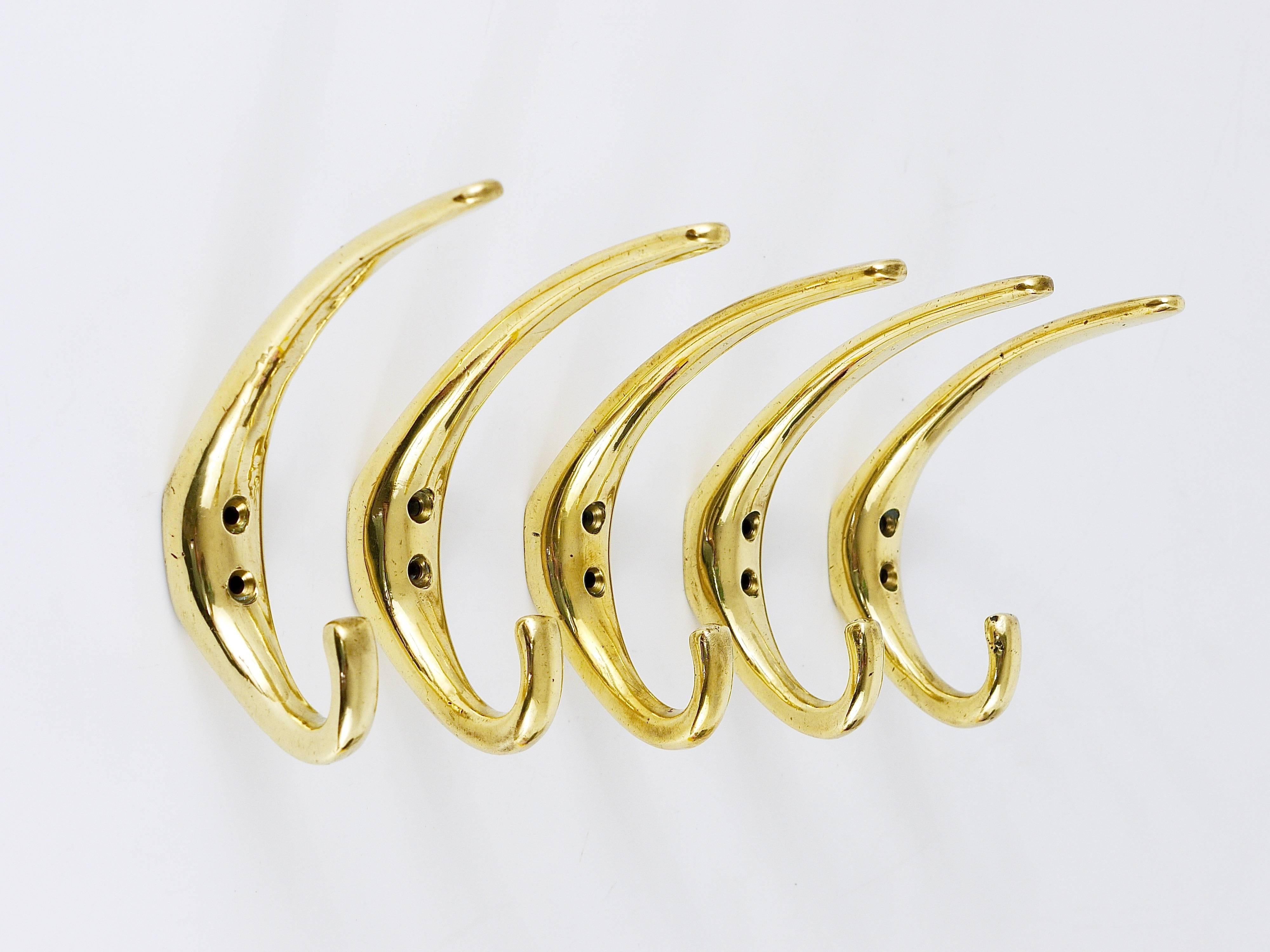 Five Hand-Crafted Modernist Brass Wall Hooks, Austria, 1950s 1