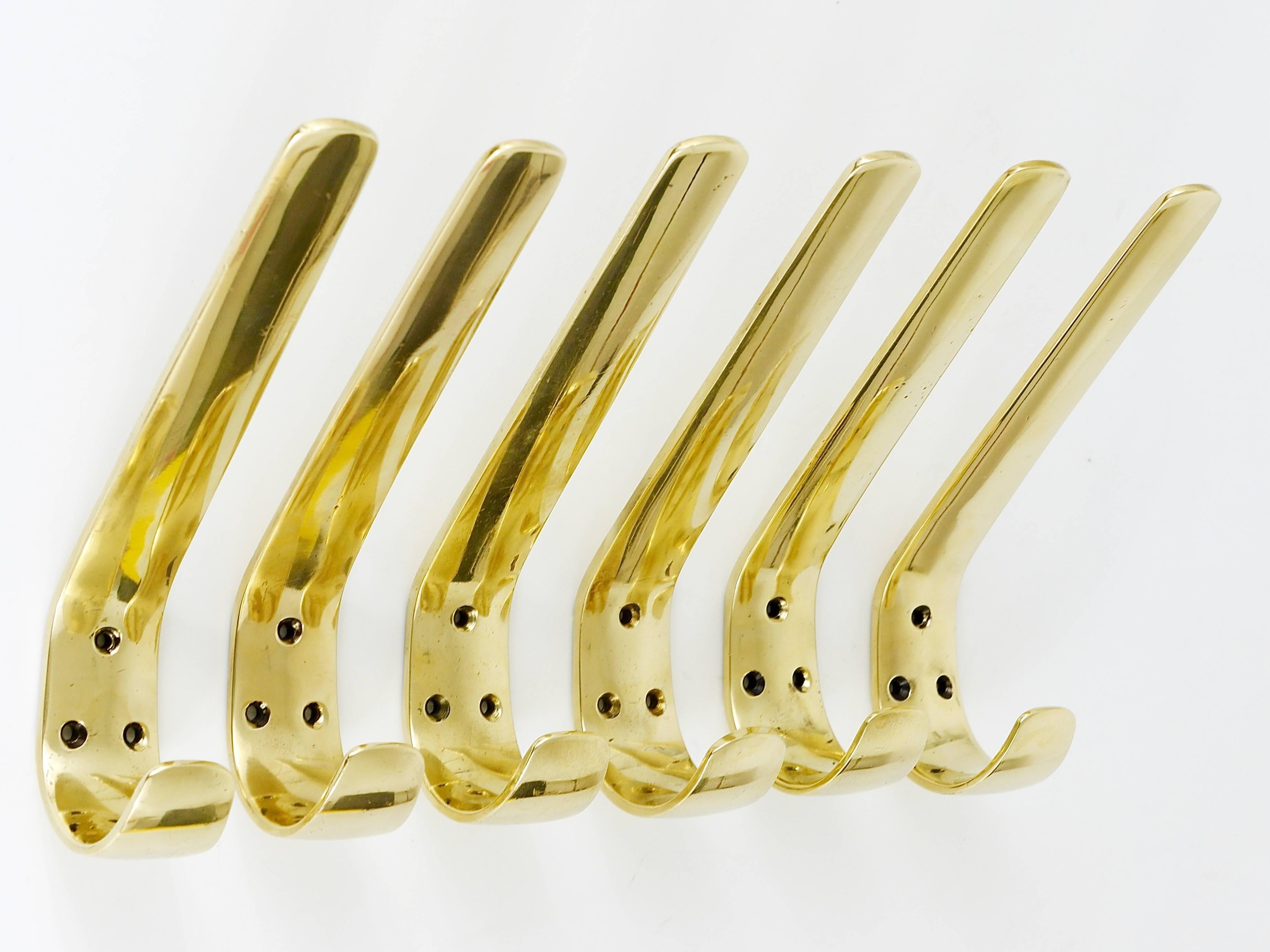 Six Austrian Modernist Brass Wall Coat Hooks by Hertha Baller, Vienna, 1950s 1