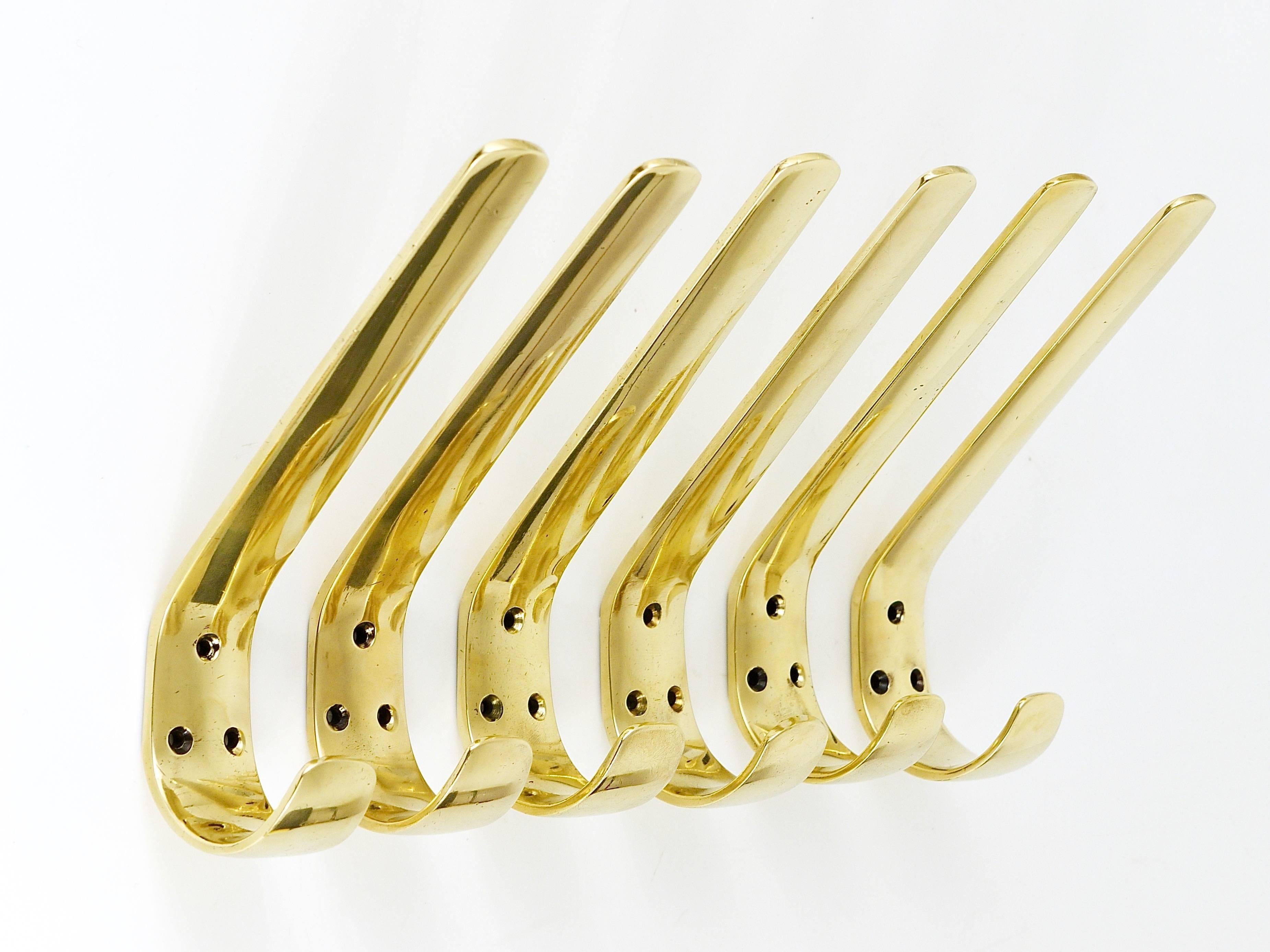 Six Austrian Modernist Brass Wall Coat Hooks by Hertha Baller, Vienna, 1950s 5