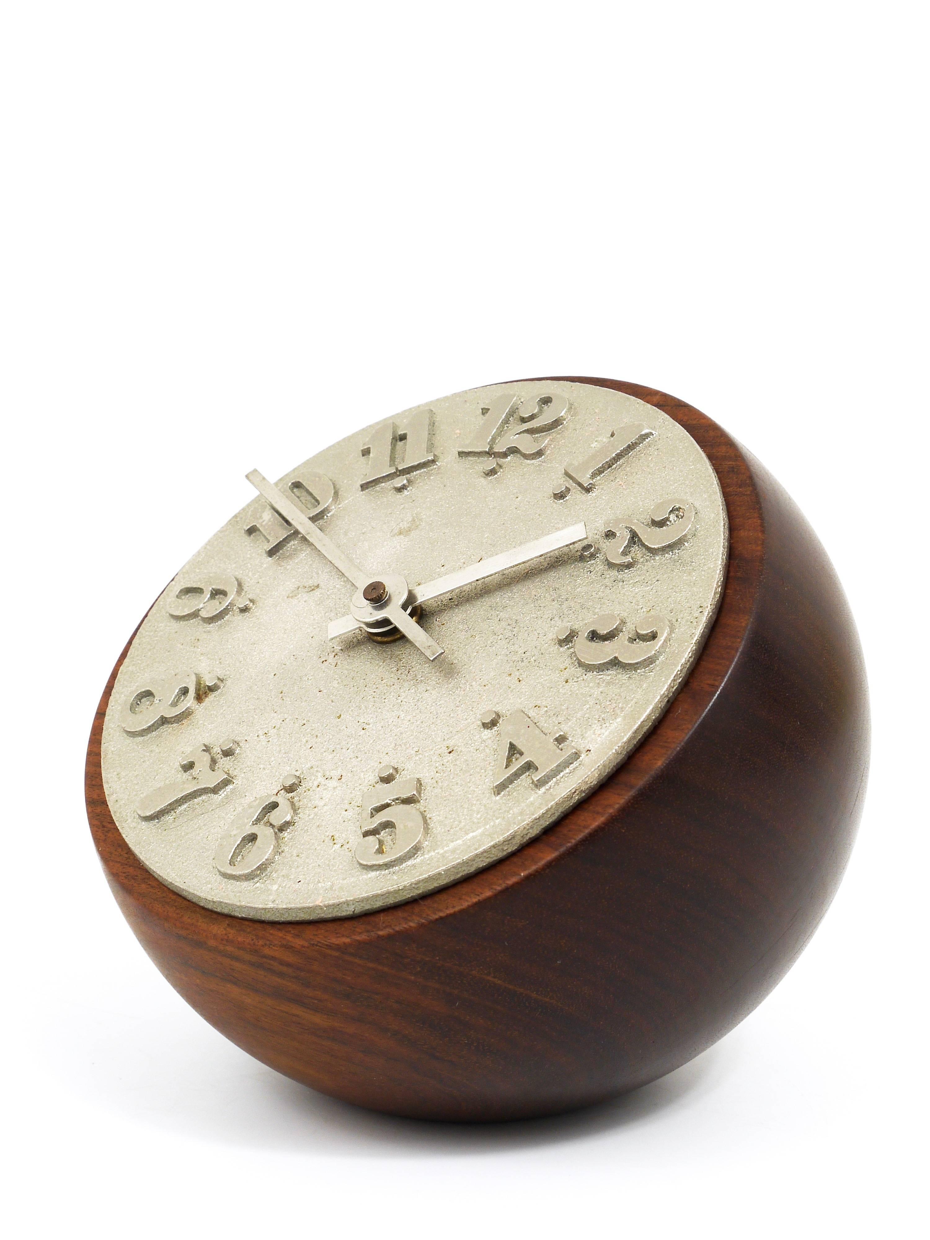 Austrian Carl Auböck Modernist Ball Clock, Walnut, Cast-Iron, Austria, 1950s