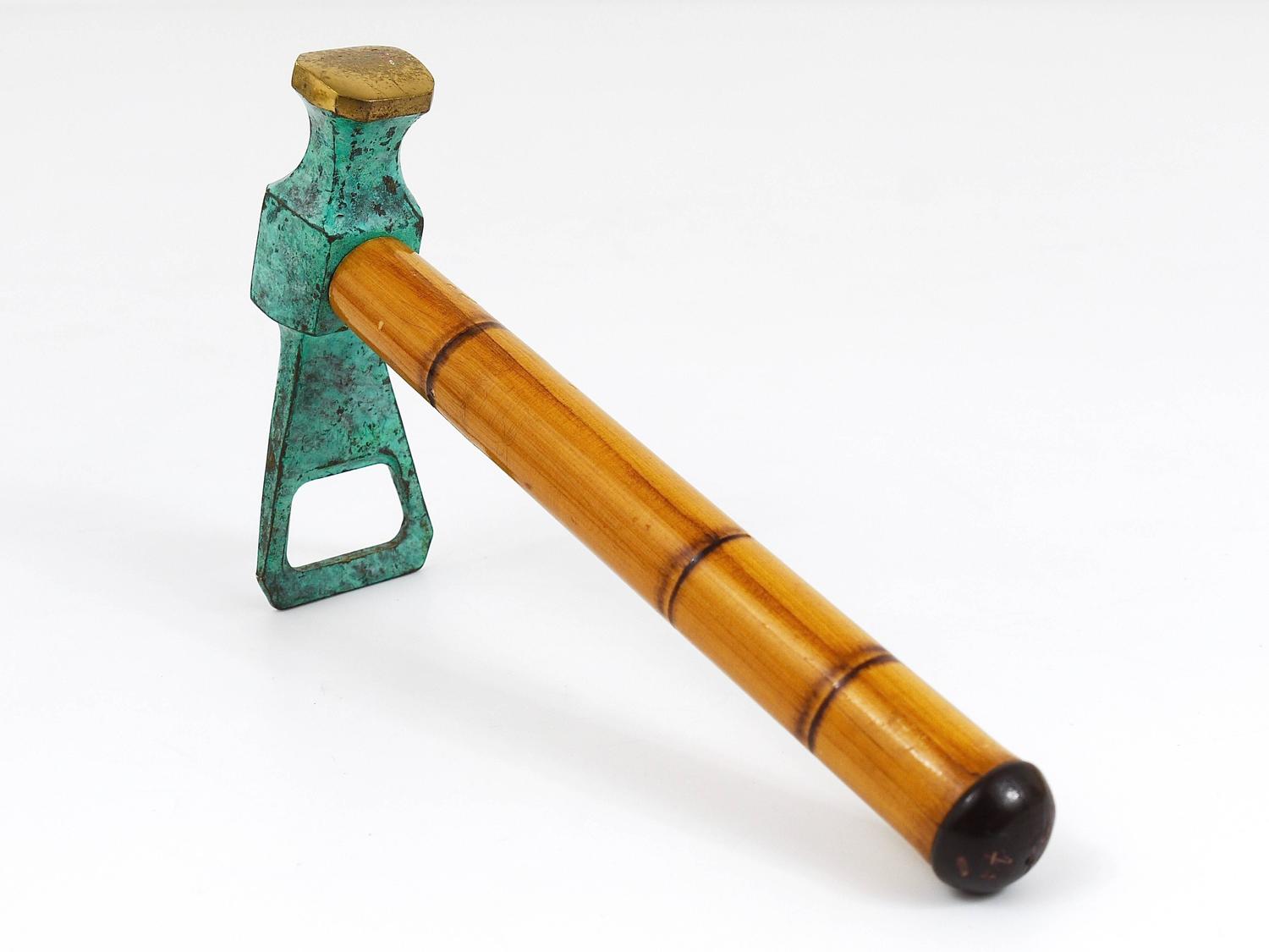 MidCentury Brass Hammer Bottle Opener, Cork Screw with Bamboo Handle