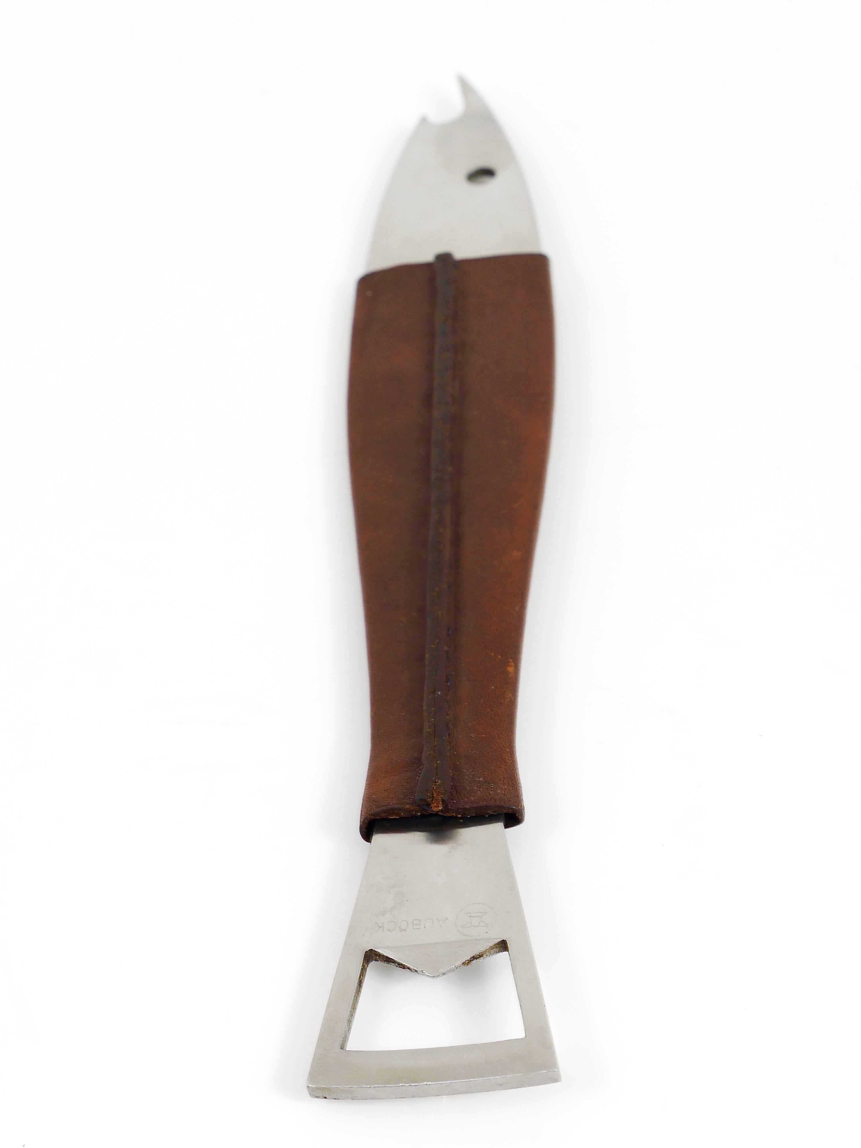 Carl Auböck Neptune Fish Bottle Opener, Leather & Steel by Amboss Austria, 1950s In Good Condition For Sale In Vienna, AT