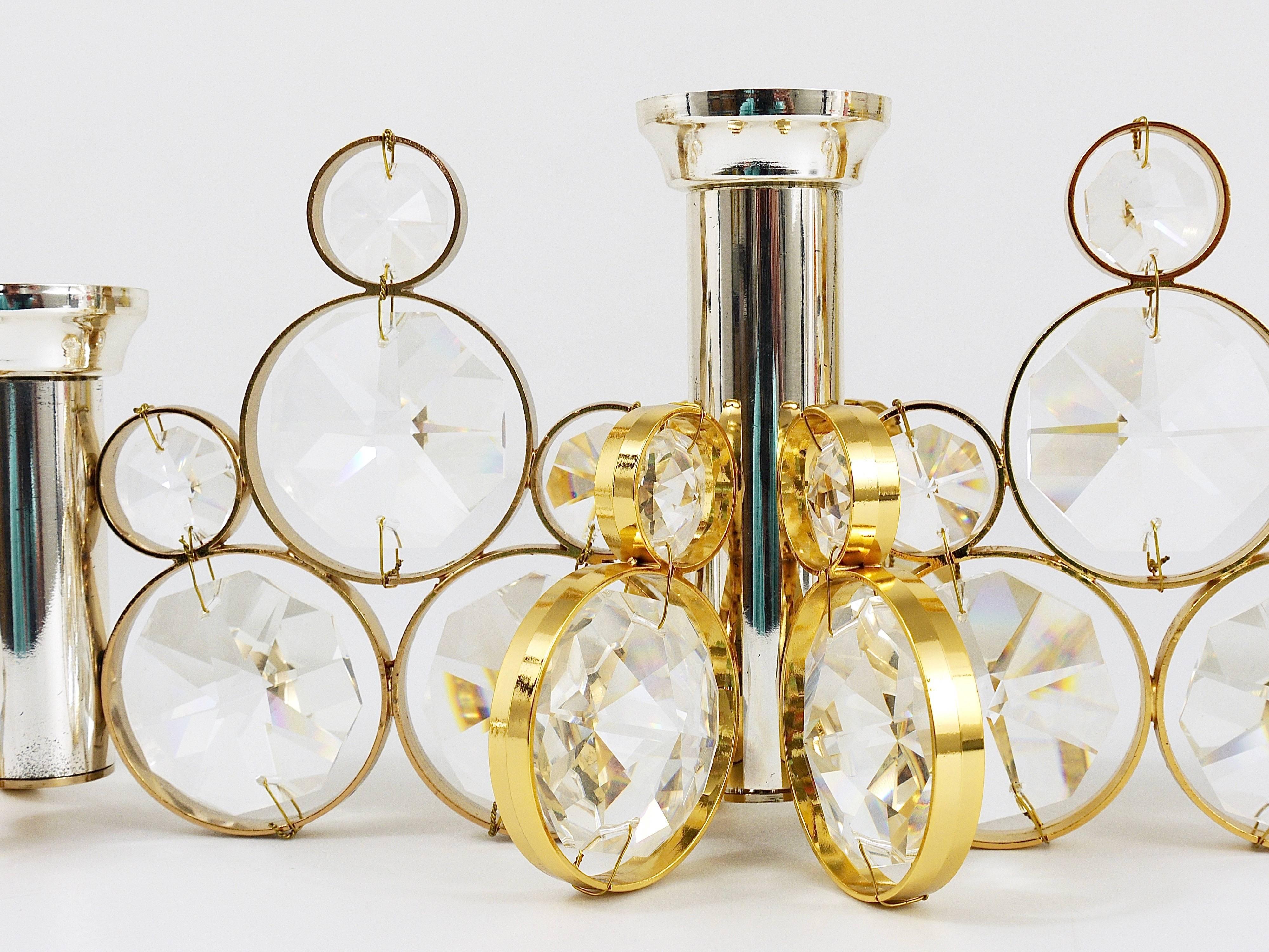 20th Century Palwa Gilt Brass and Crystals Candle Holder in the Style of Gaetano Sciolari