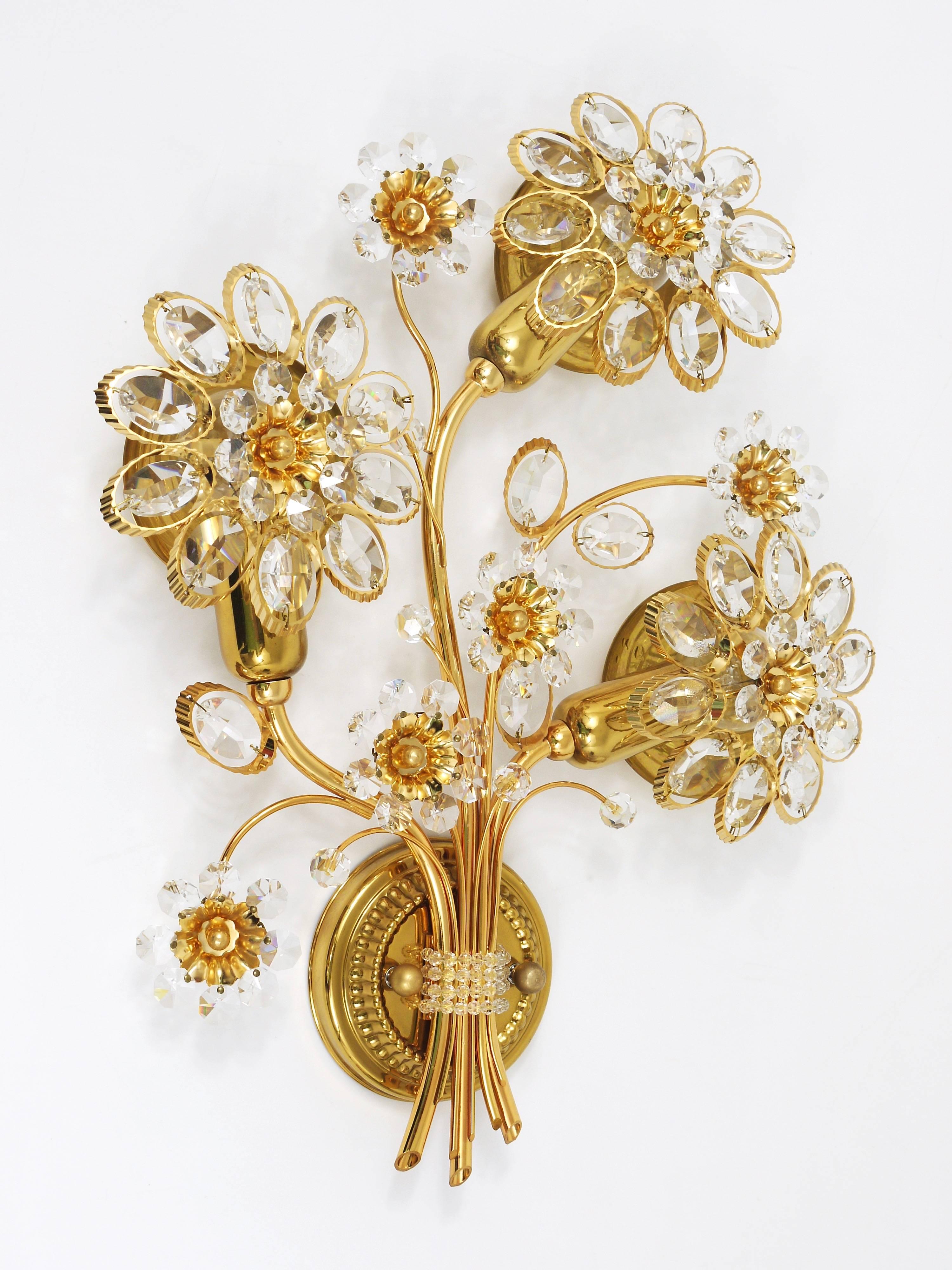 Cut Glass Ernst Palme Palwa Gilt Brass Crystal Flower Wall Light Sconce, Germany, 1970s For Sale