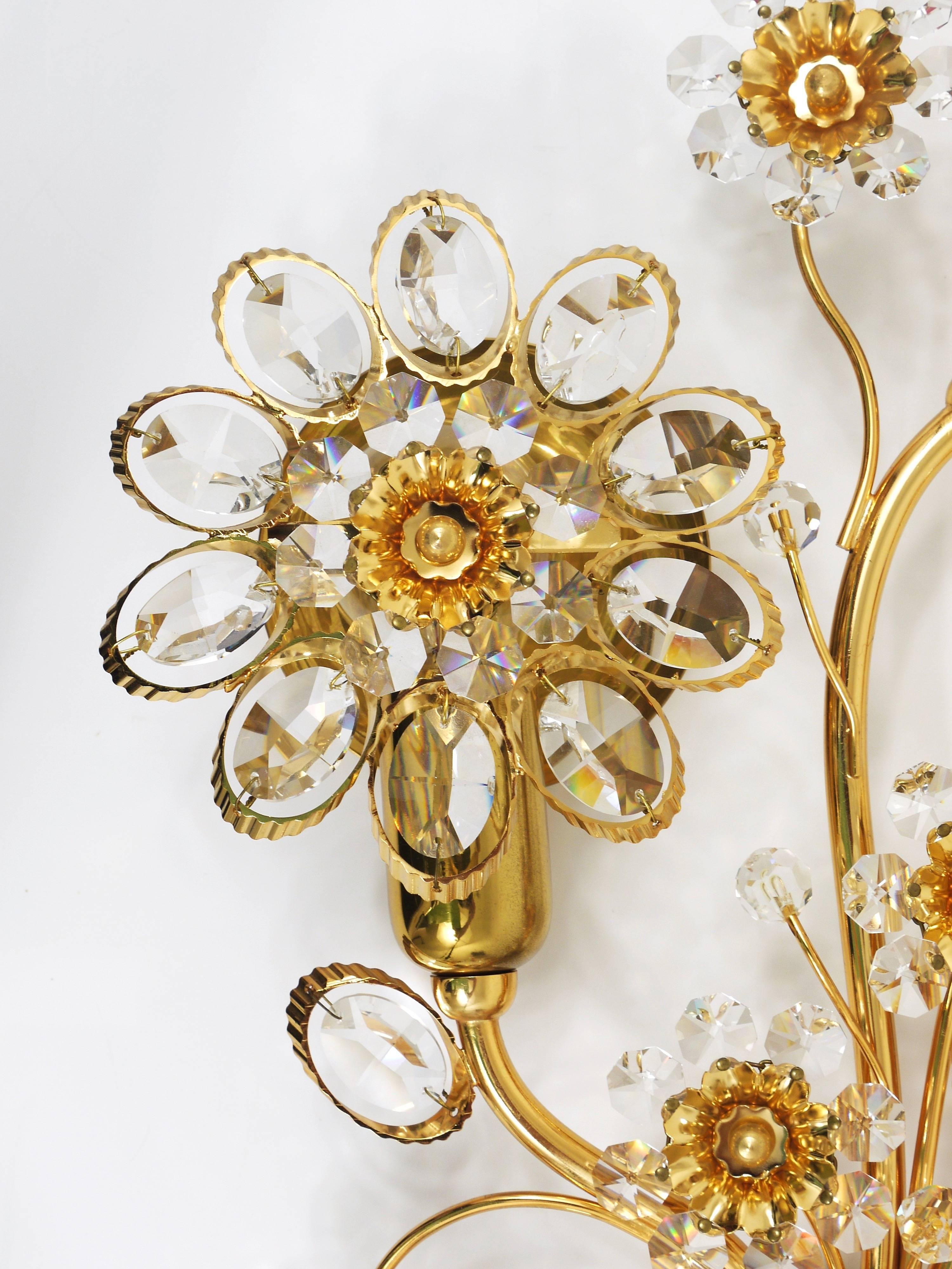 Ernst Palme Palwa Gilt Brass Crystal Flower Wall Light Sconce, Germany, 1970s For Sale 2