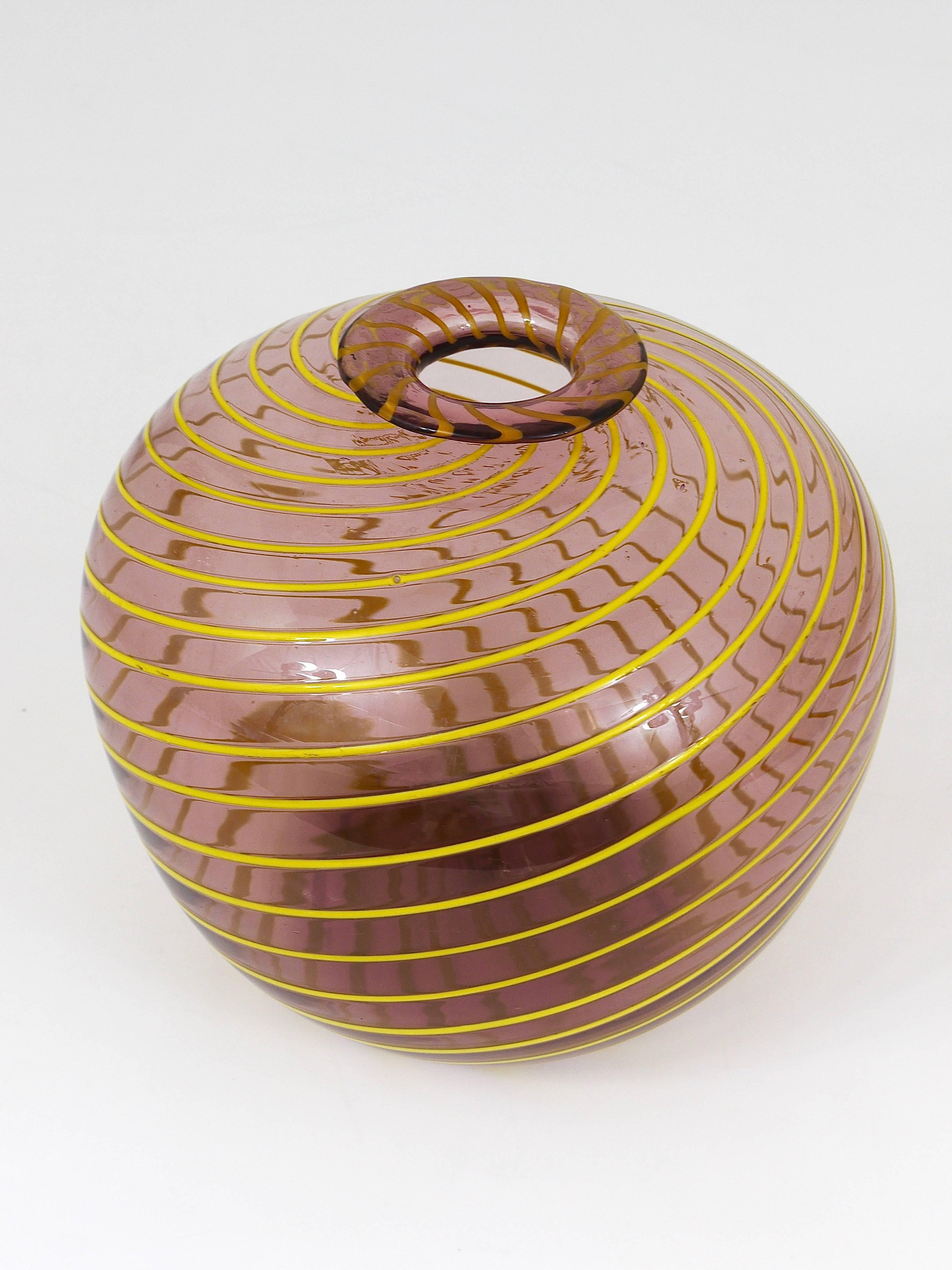 Austrian Fratelli Toso Big Purple Murano Swirl Vase with Yellow Stripes, Italy, 1950s