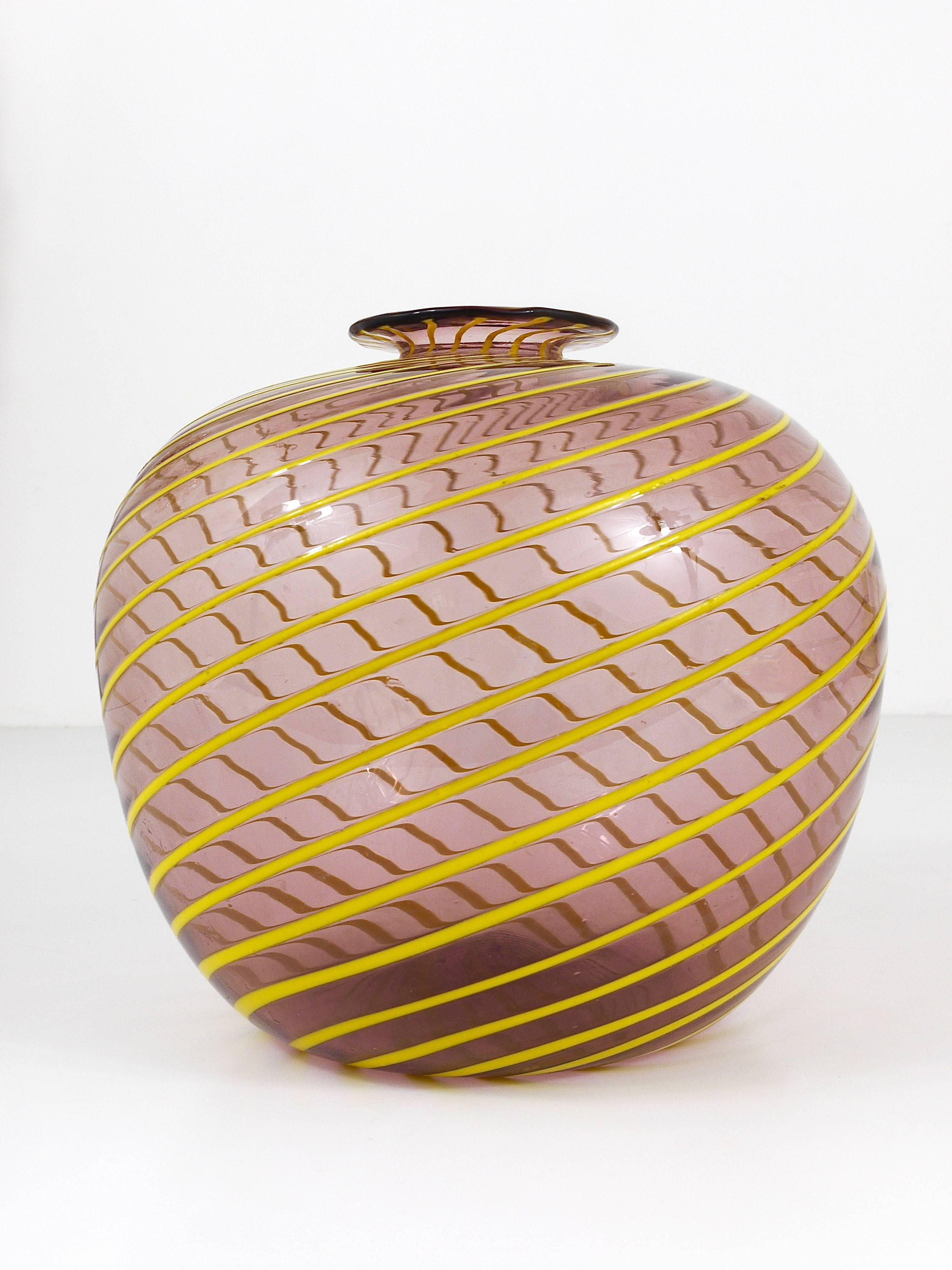 Glass Fratelli Toso Big Purple Murano Swirl Vase with Yellow Stripes, Italy, 1950s
