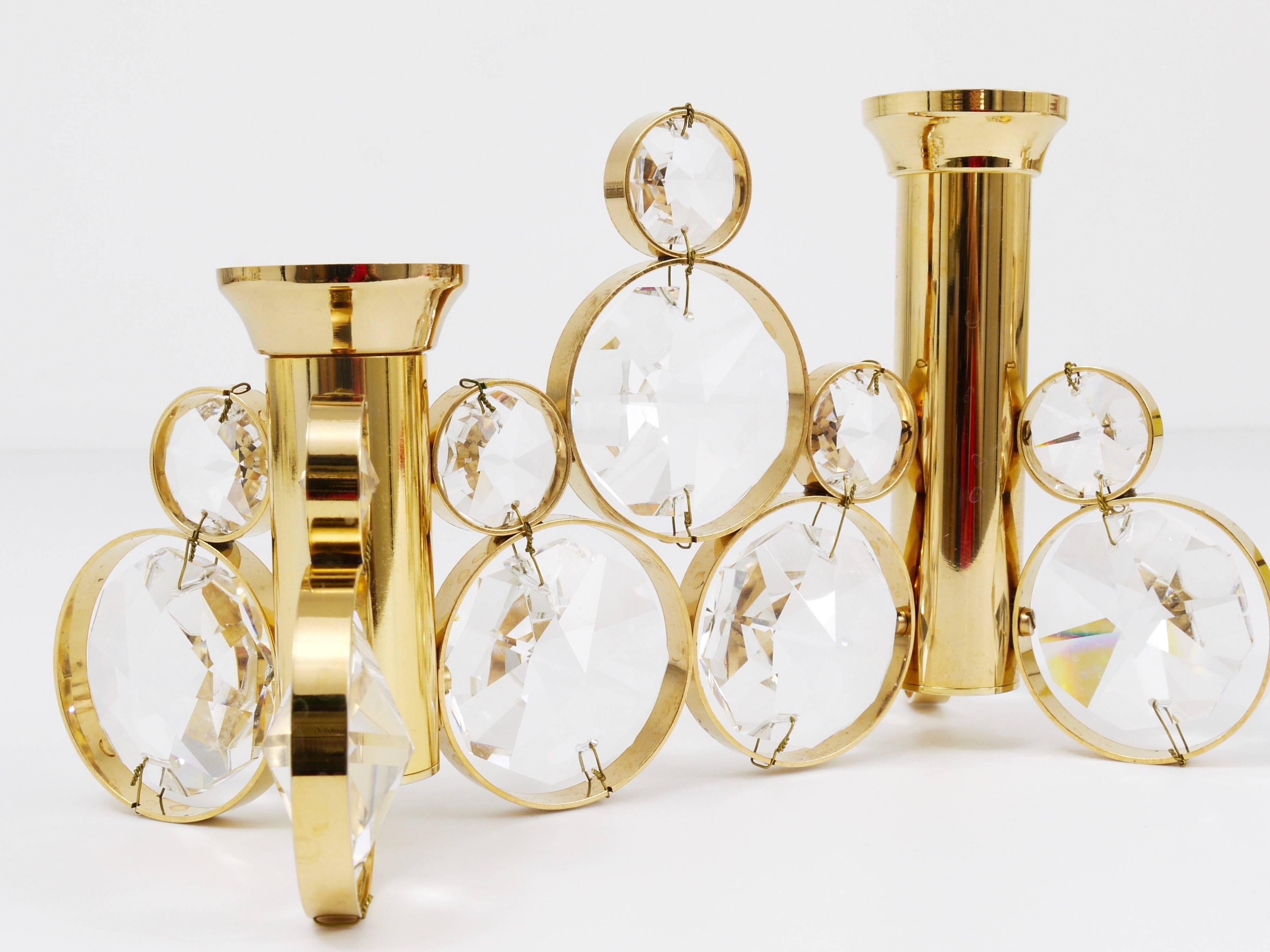 German Palwa Gaetano Sciolari Style Brass & Crystal Candle Holder Candlestick, 1970s For Sale