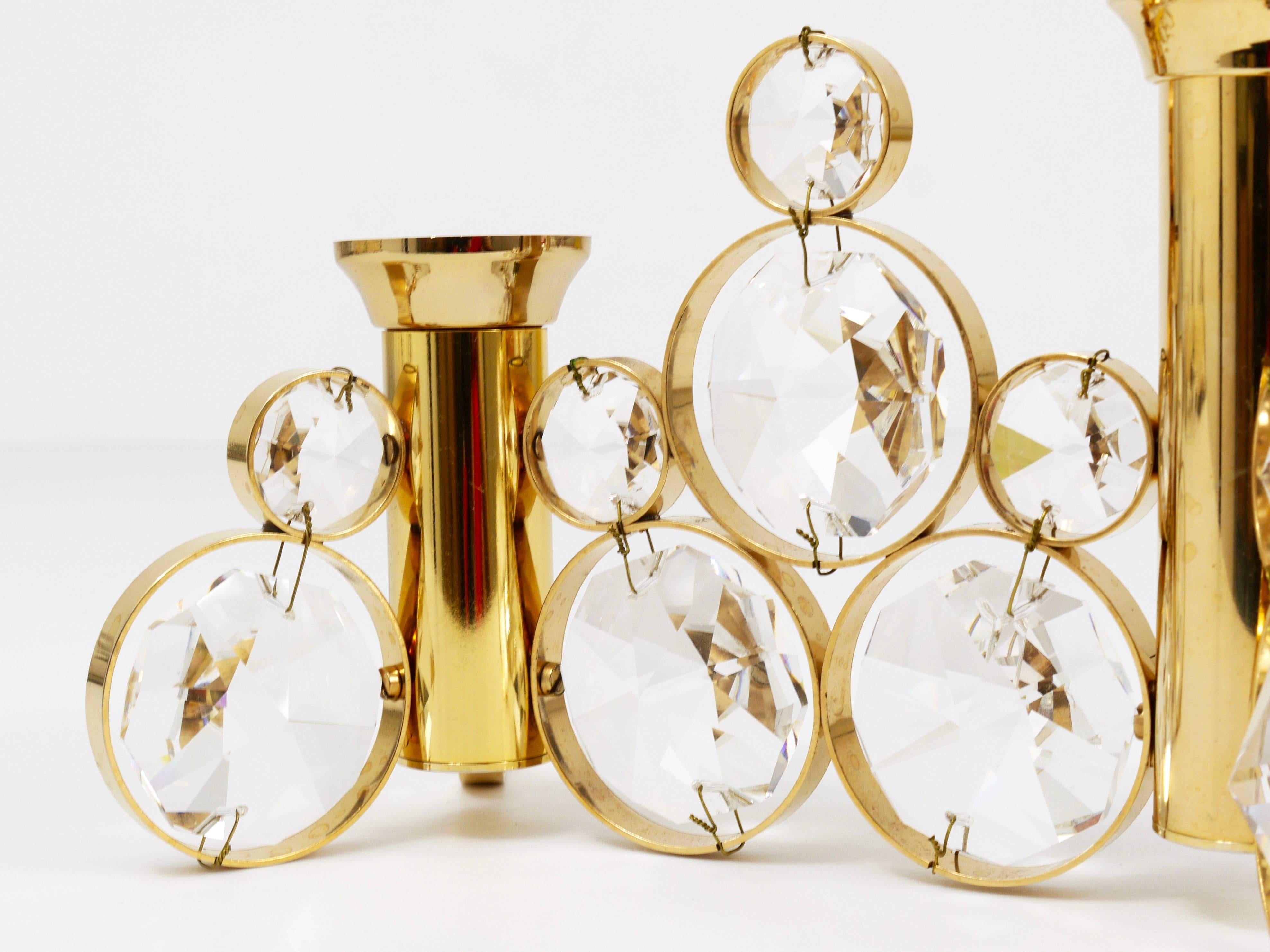 Gold Palwa Gaetano Sciolari Style Brass & Crystal Candle Holder Candlestick, 1970s For Sale