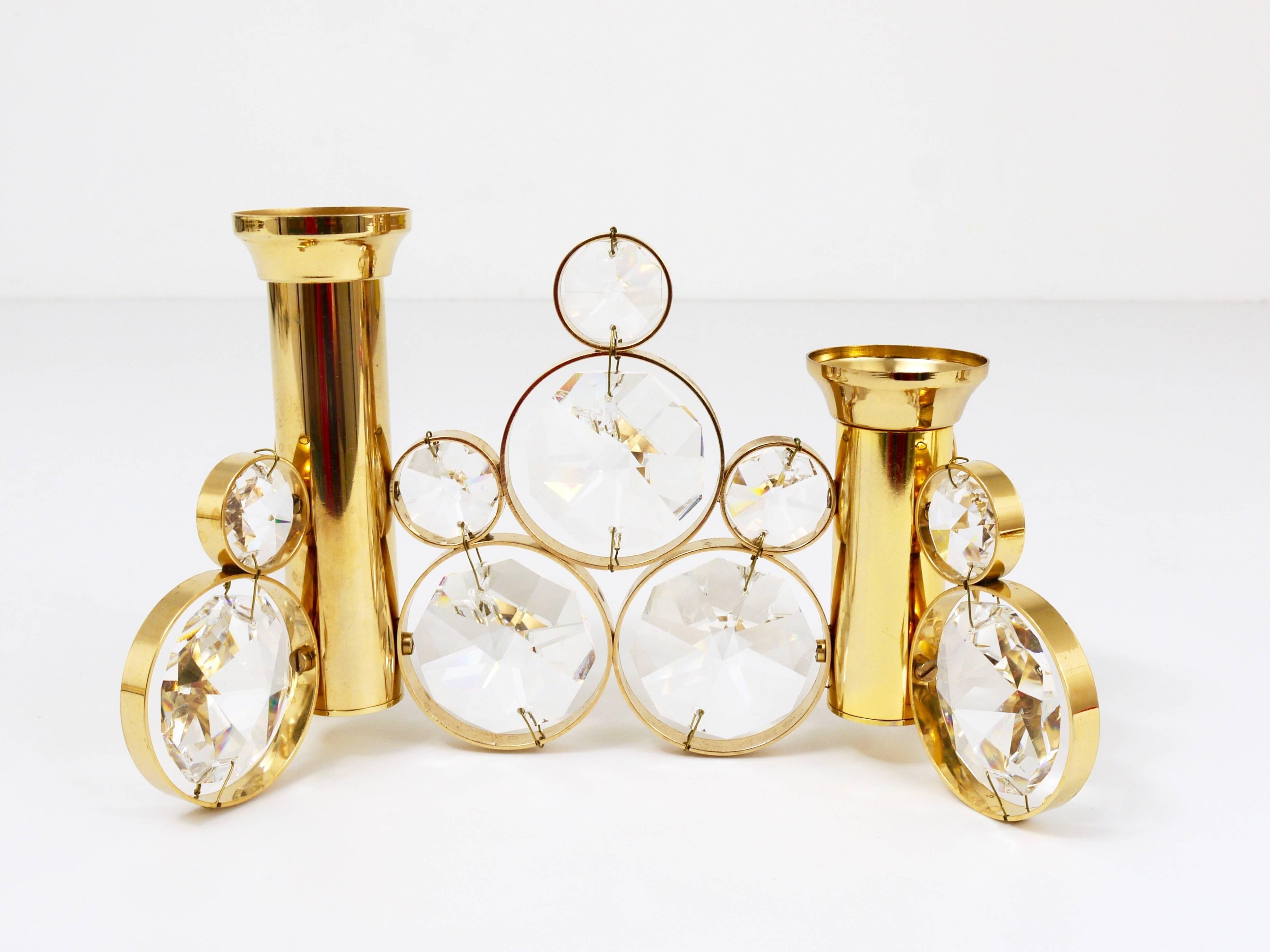 Palwa Gaetano Sciolari Style Brass & Crystal Candle Holder Candlestick, 1970s For Sale 2