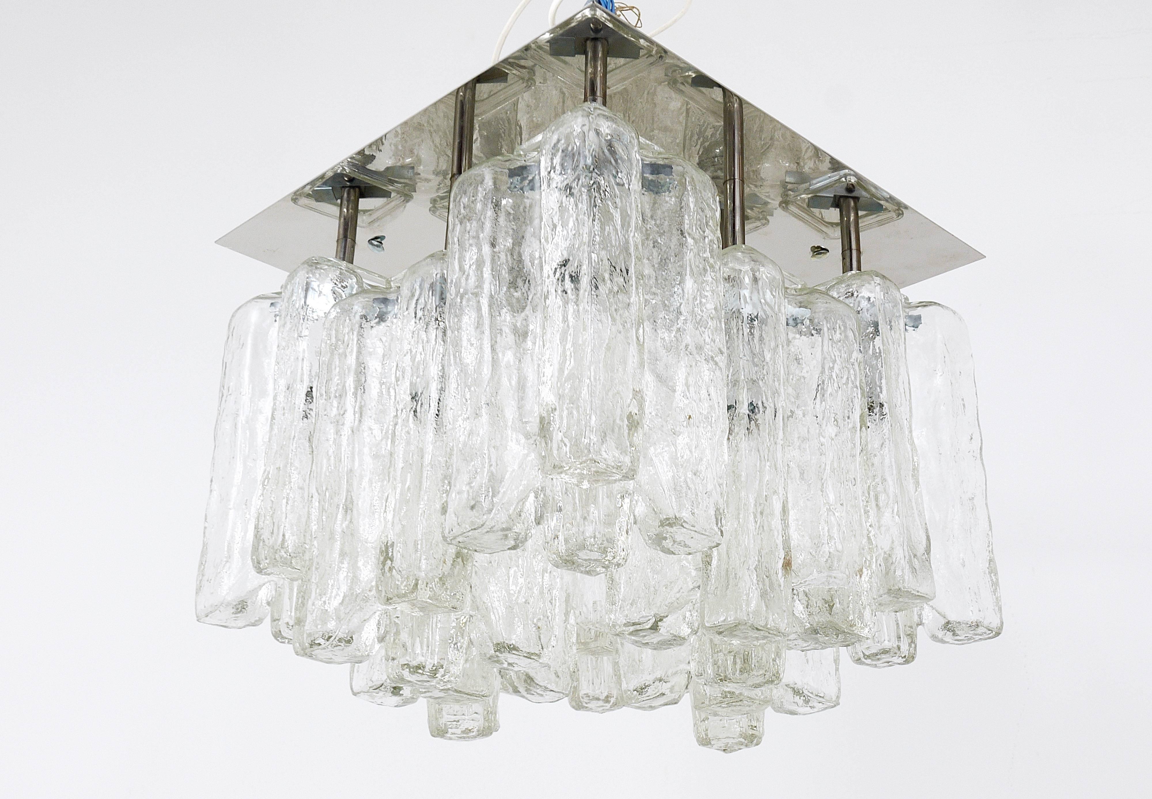 Austrian Kalmar Granada Ice Glass Flush Mount Chandelier, Austria, 1960s