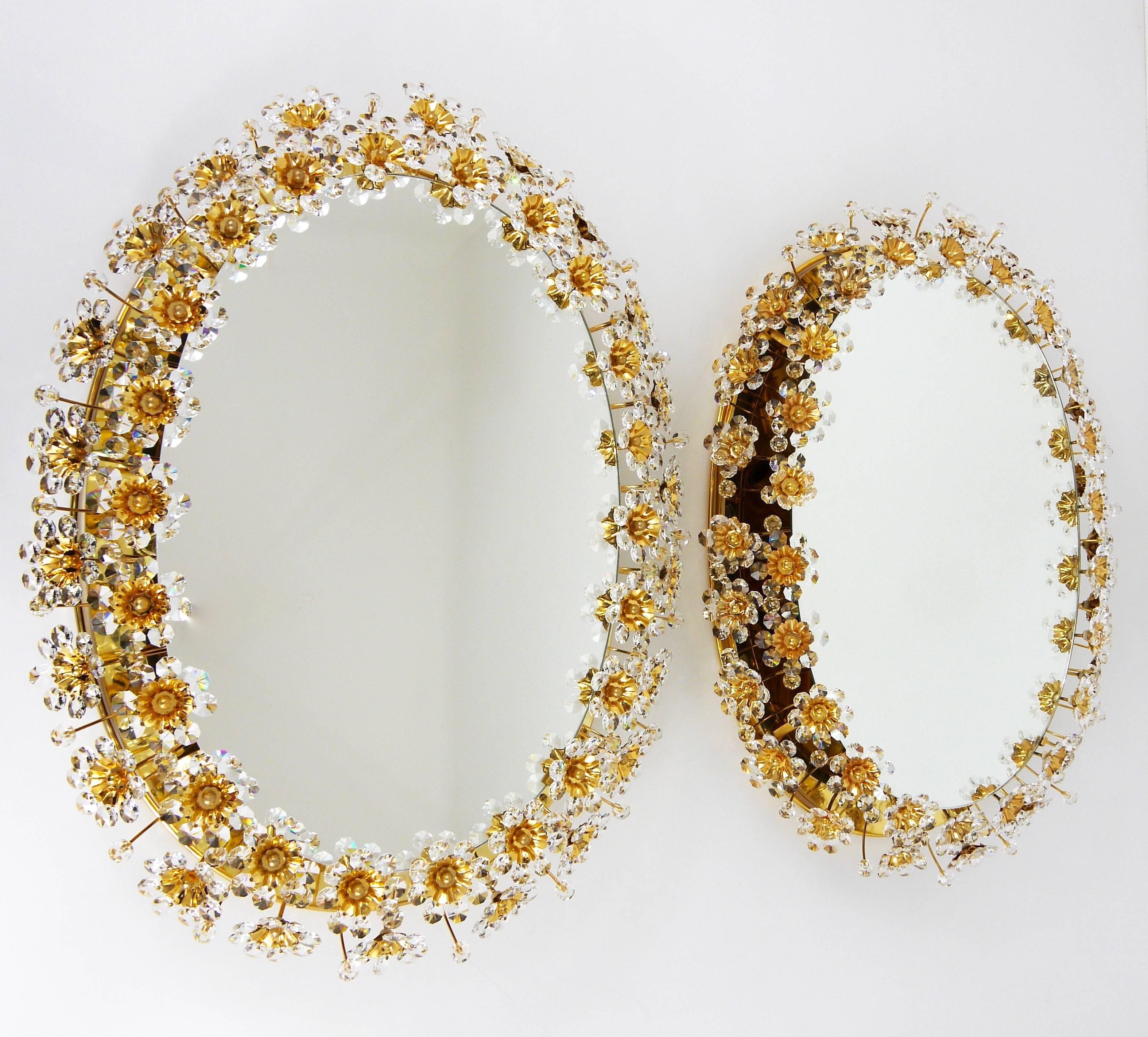 20th Century Two Palwa Backlit Flower Wall Mirrors, Gilt Brass and Crystals, Germany, 1970