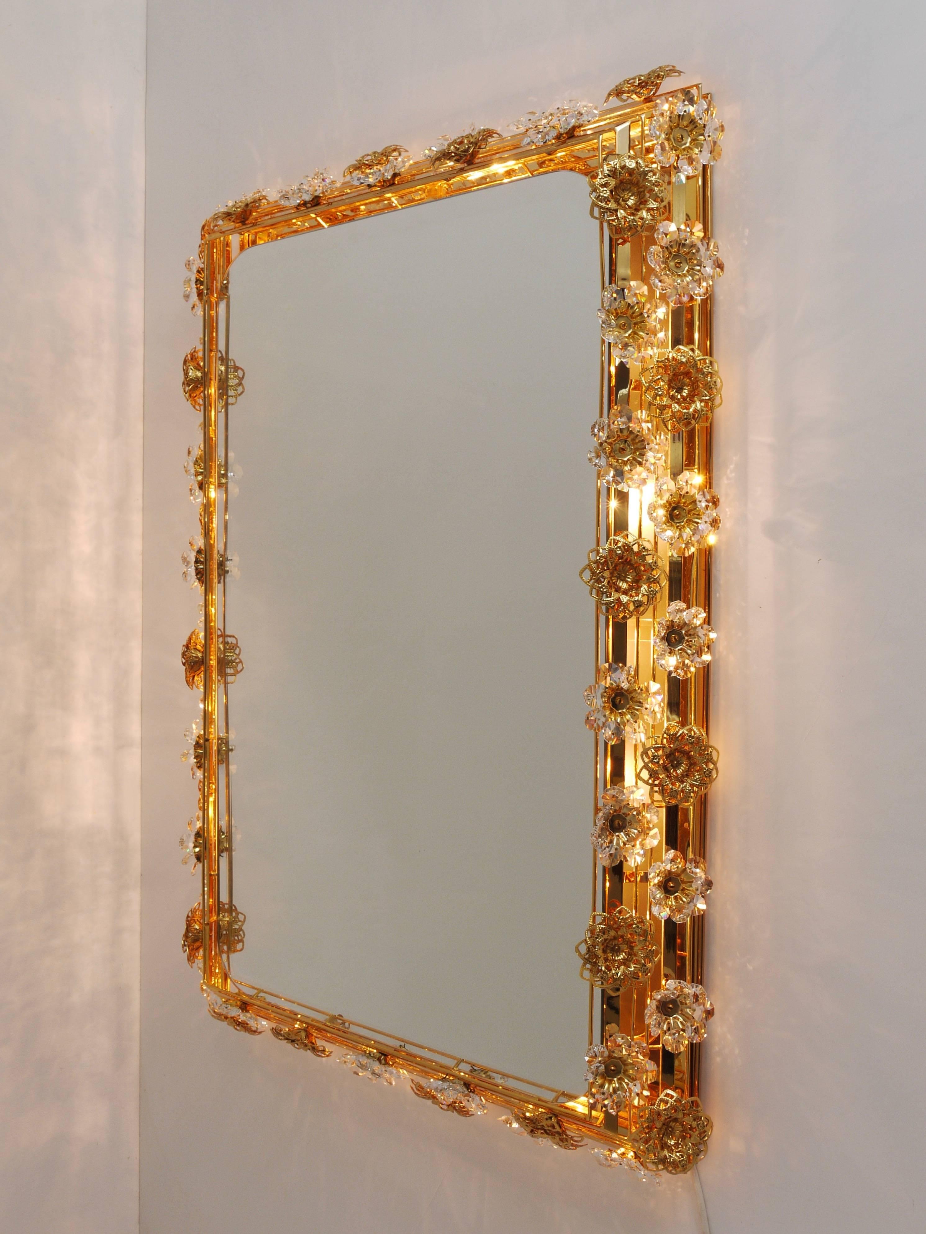 German Ernst Palme Palwa Large Illuminated Flower Wall Mirror, Brass & Crystals, 1970s For Sale