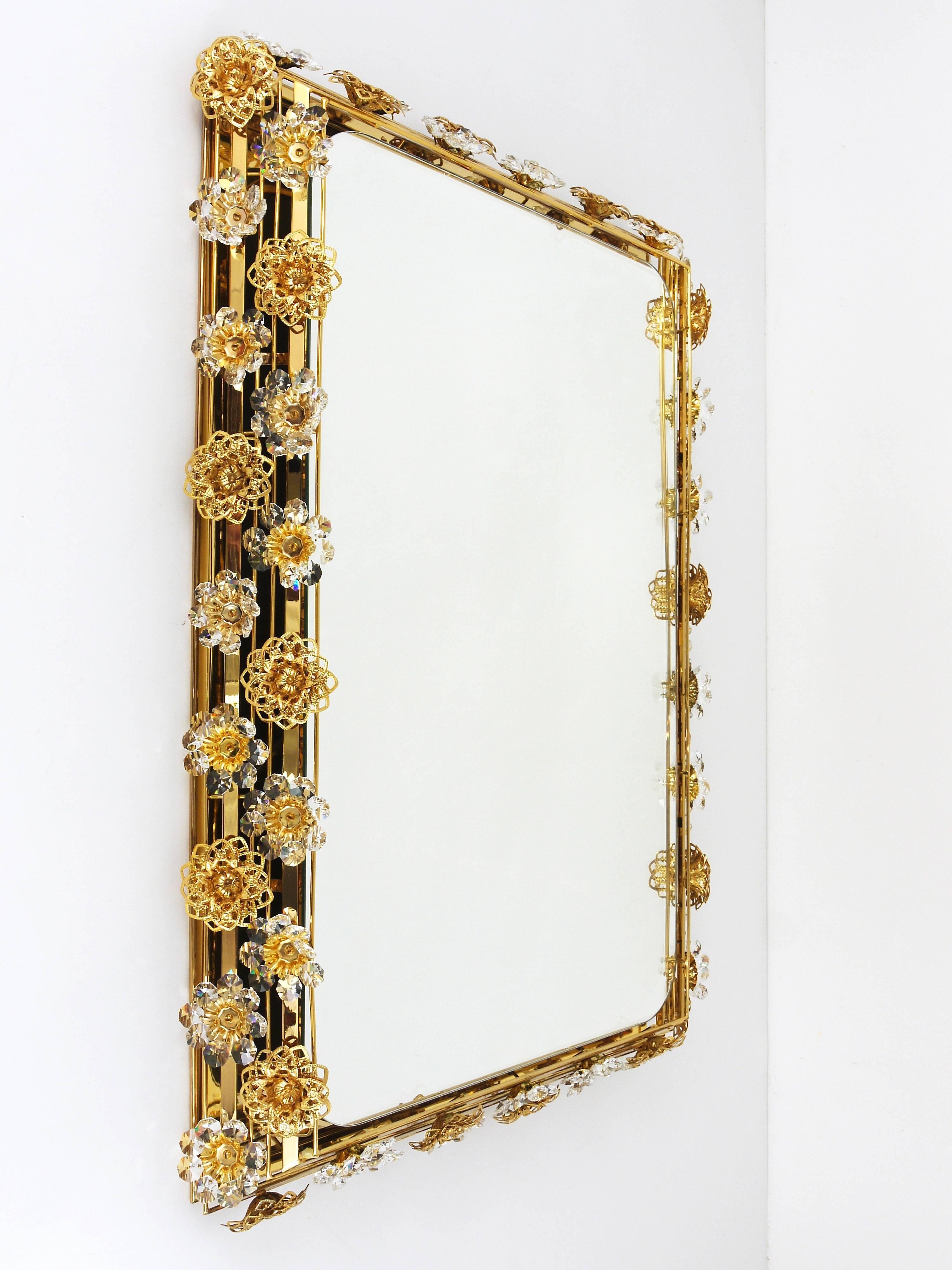 Gilt Ernst Palme Palwa Large Illuminated Flower Wall Mirror, Brass & Crystals, 1970s For Sale