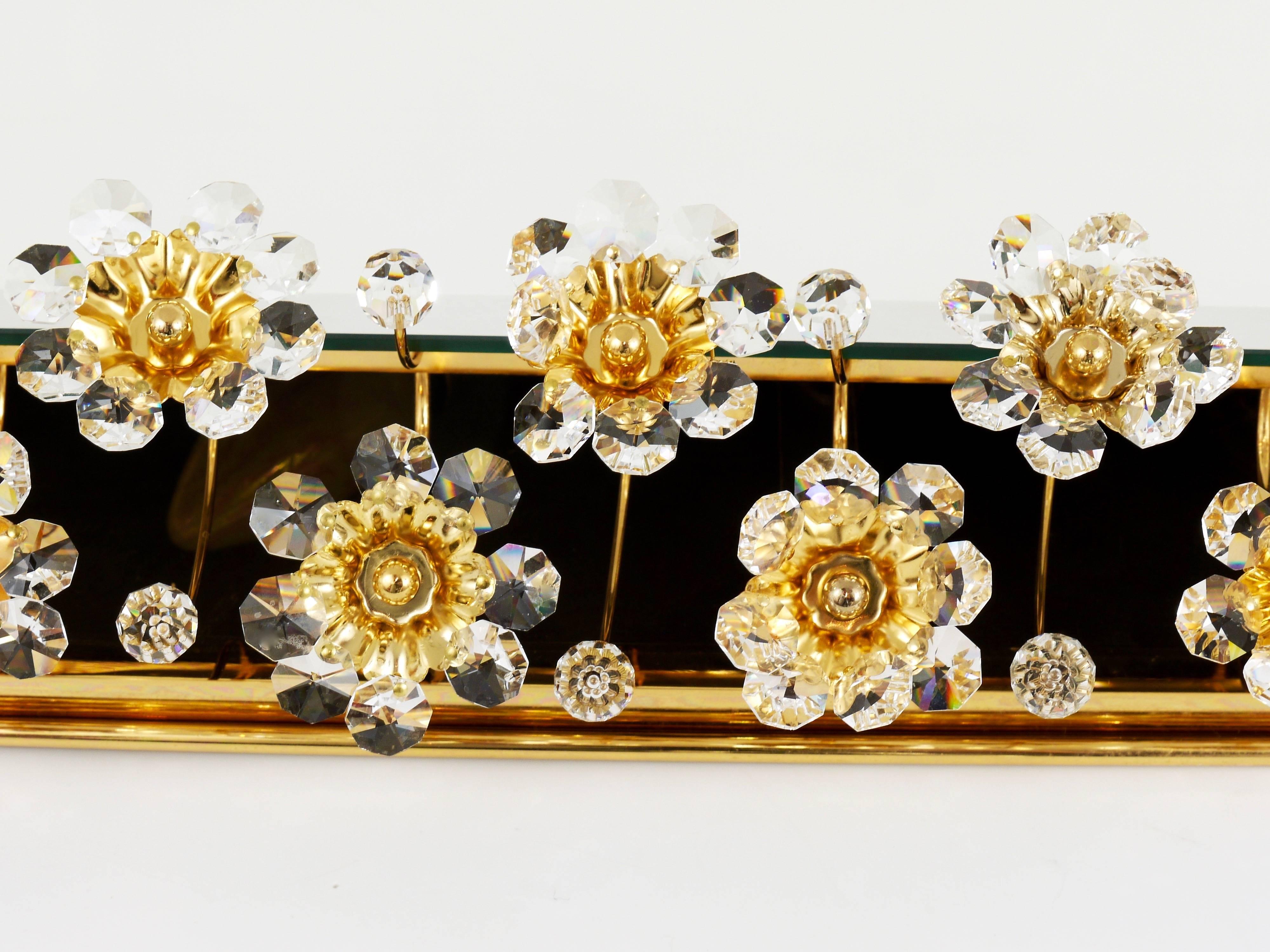 Austrian Big Palwa Illuminated Flower Wall Mirror, Gilt Brass and Crystals, Germany, 1970