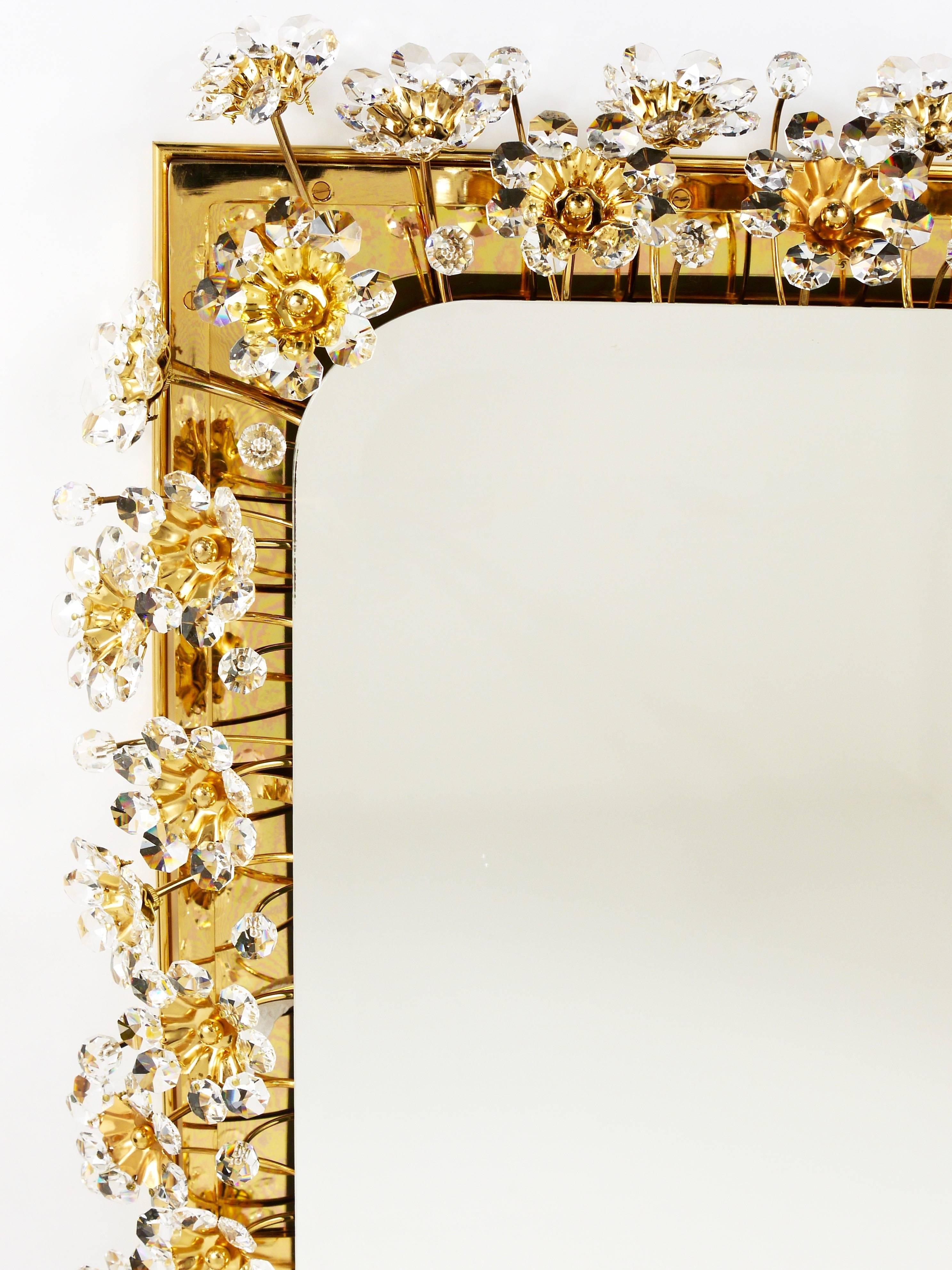 Big Palwa Illuminated Flower Wall Mirror, Gilt Brass and Crystals, Germany, 1970 In Excellent Condition In Vienna, AT
