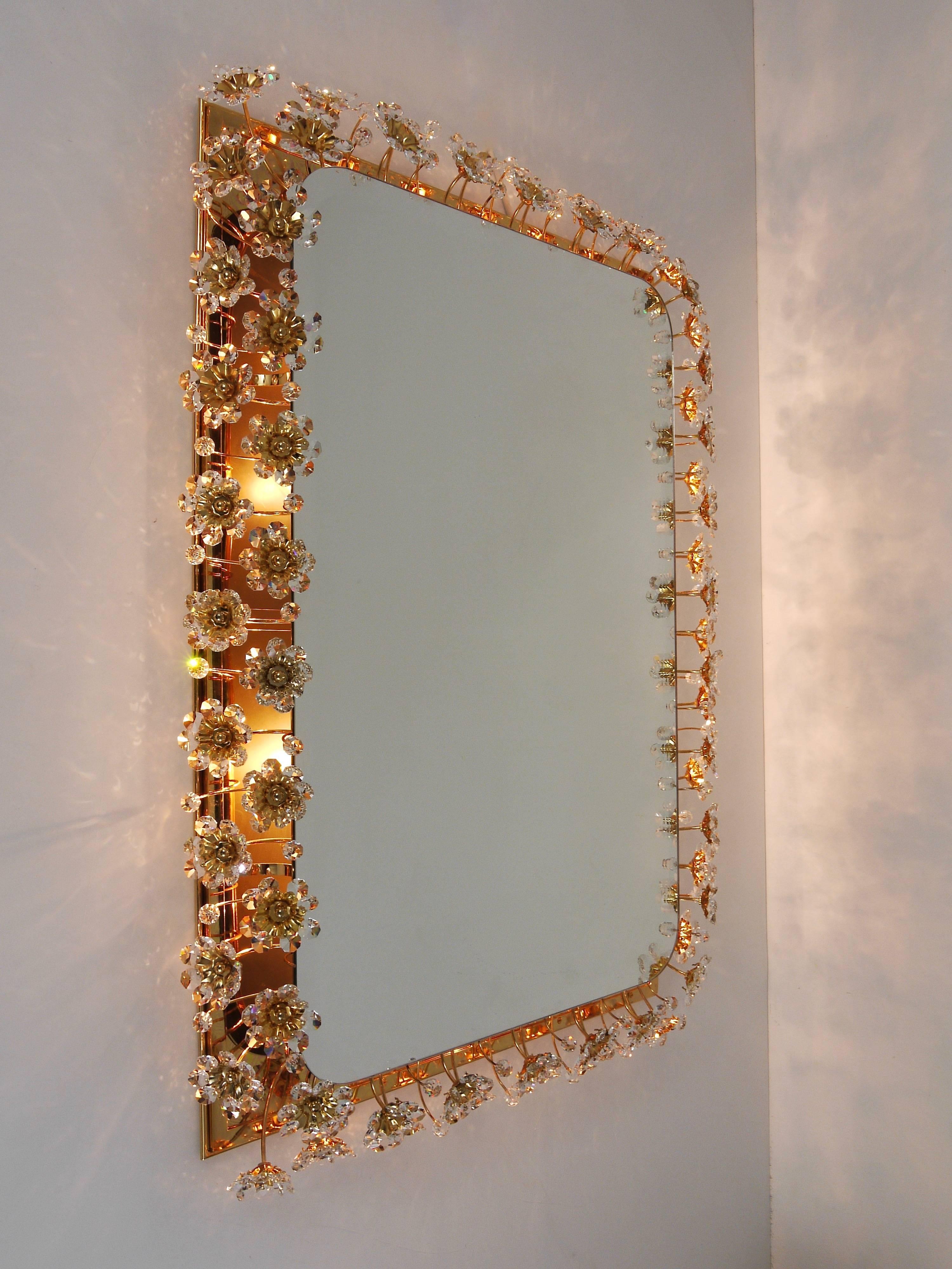 Big Palwa Illuminated Flower Wall Mirror, Gilt Brass and Crystals ...