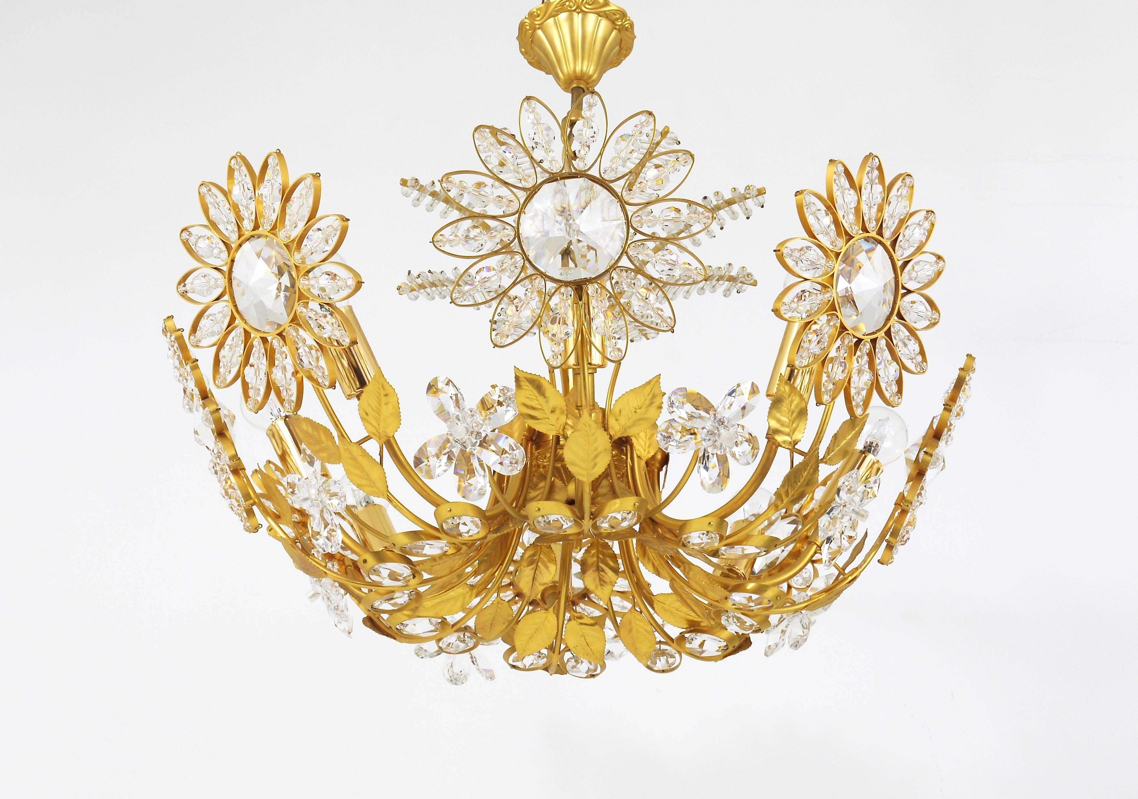 Mid-Century Modern Ernst Palme Palwa Flower Palm Tree Chandelier, Gilt Brass & Crystals, 1970s For Sale