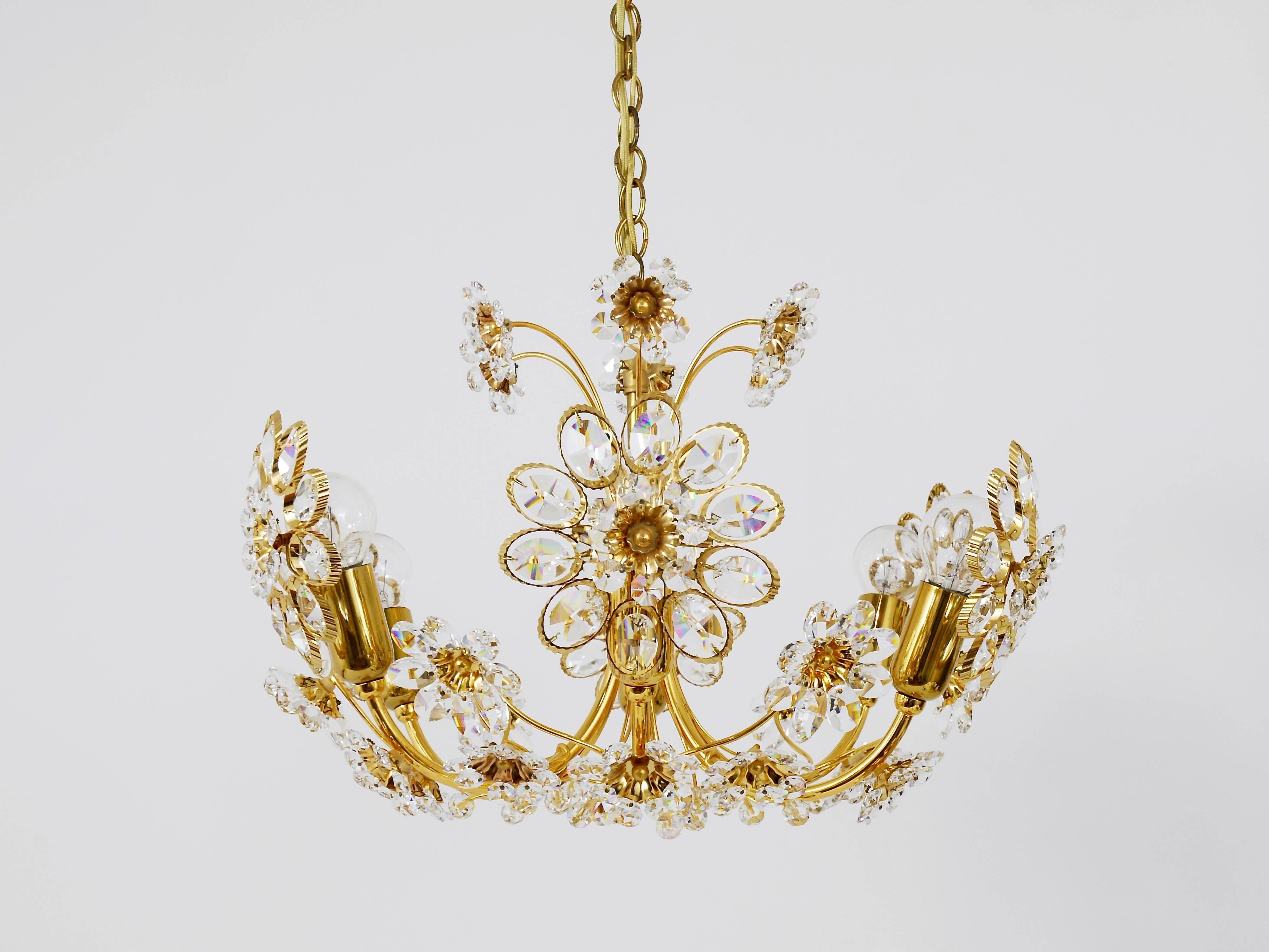 Mid-Century Modern Palwa Flower Chandelier, Gilt Brass and Faceted Crystals, Germany, 1970s