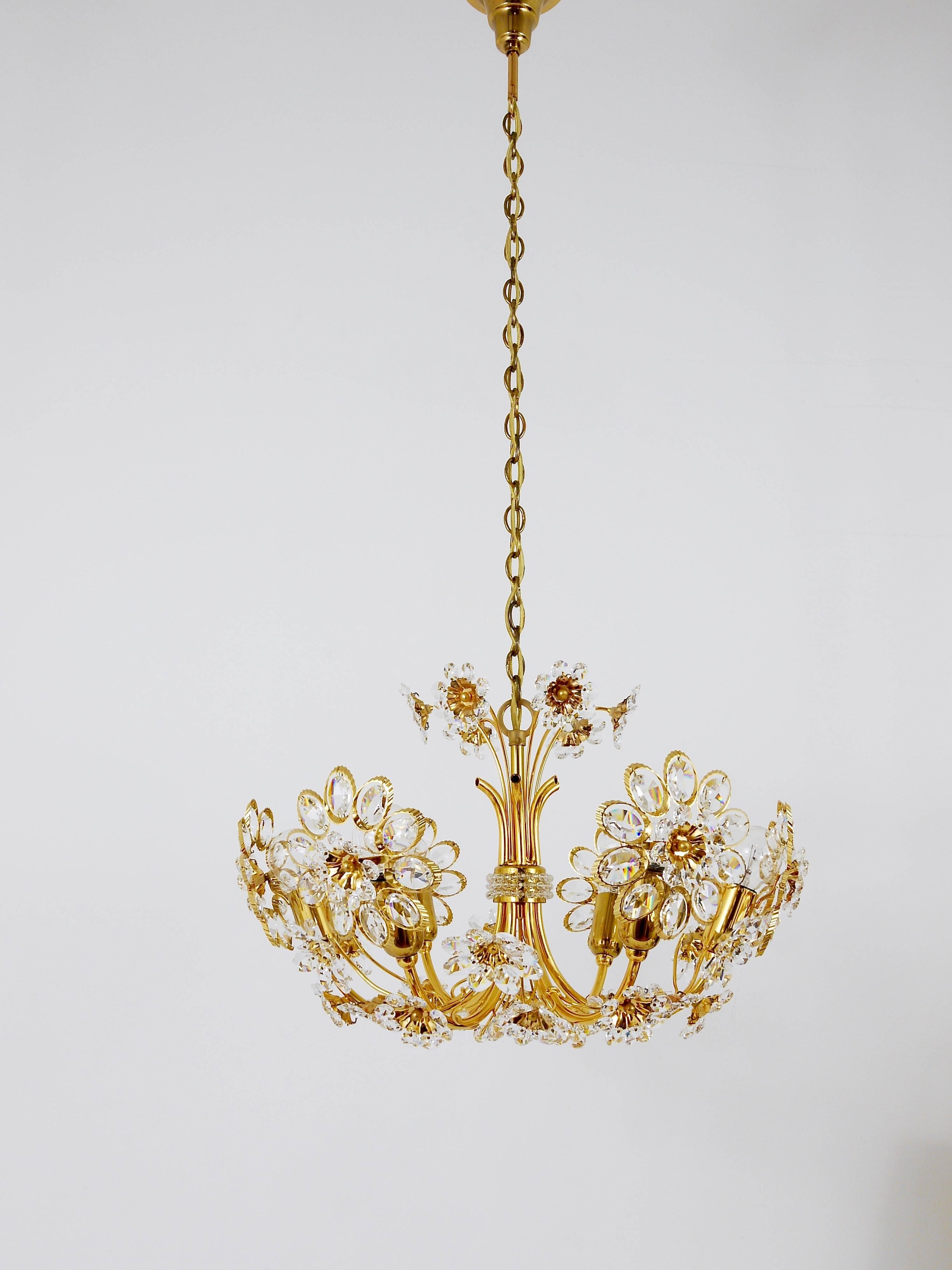 Austrian Palwa Flower Chandelier, Gilt Brass and Faceted Crystals, Germany, 1970s