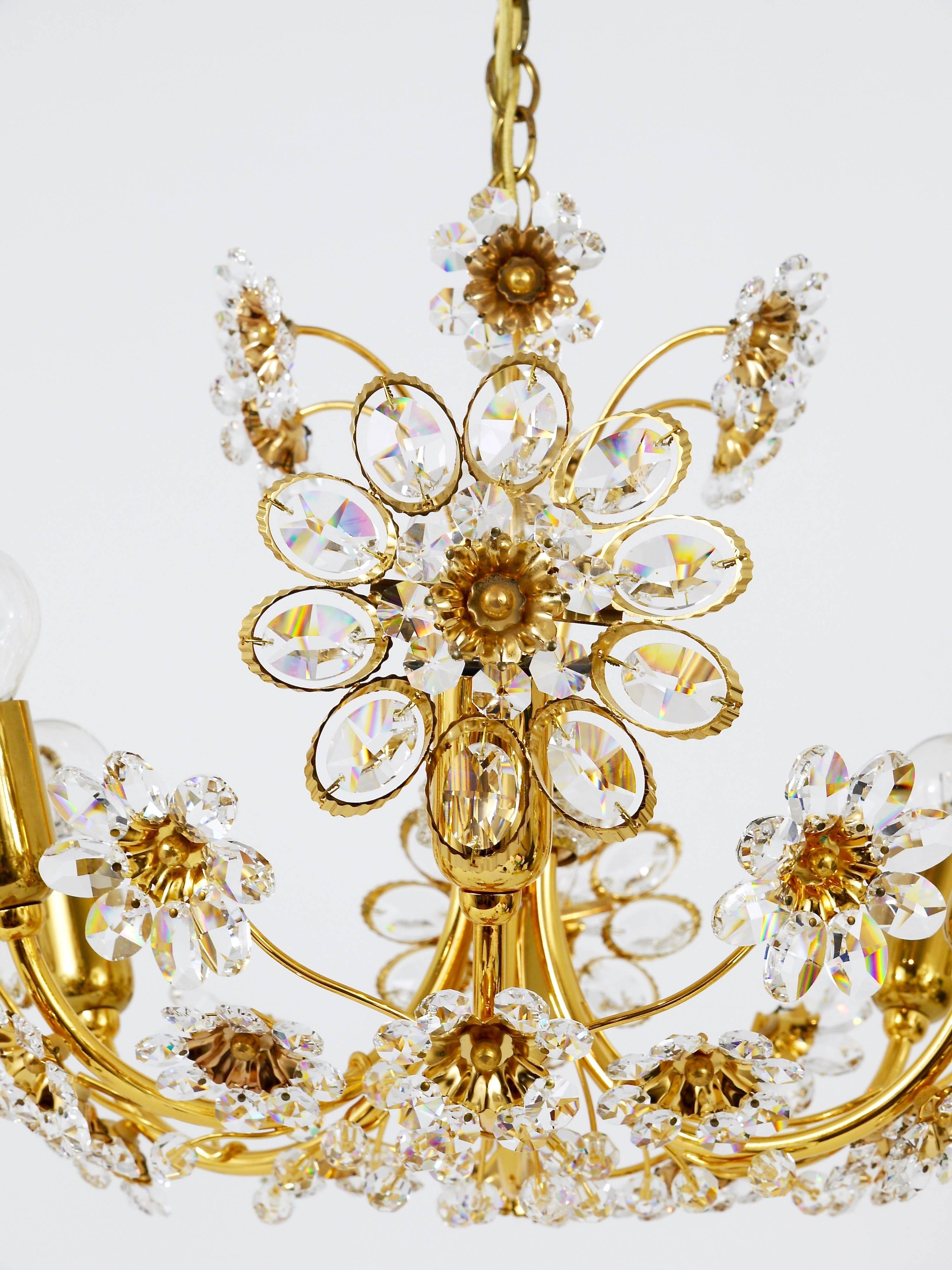 Palwa Flower Chandelier, Gilt Brass and Faceted Crystals, Germany, 1970s 1