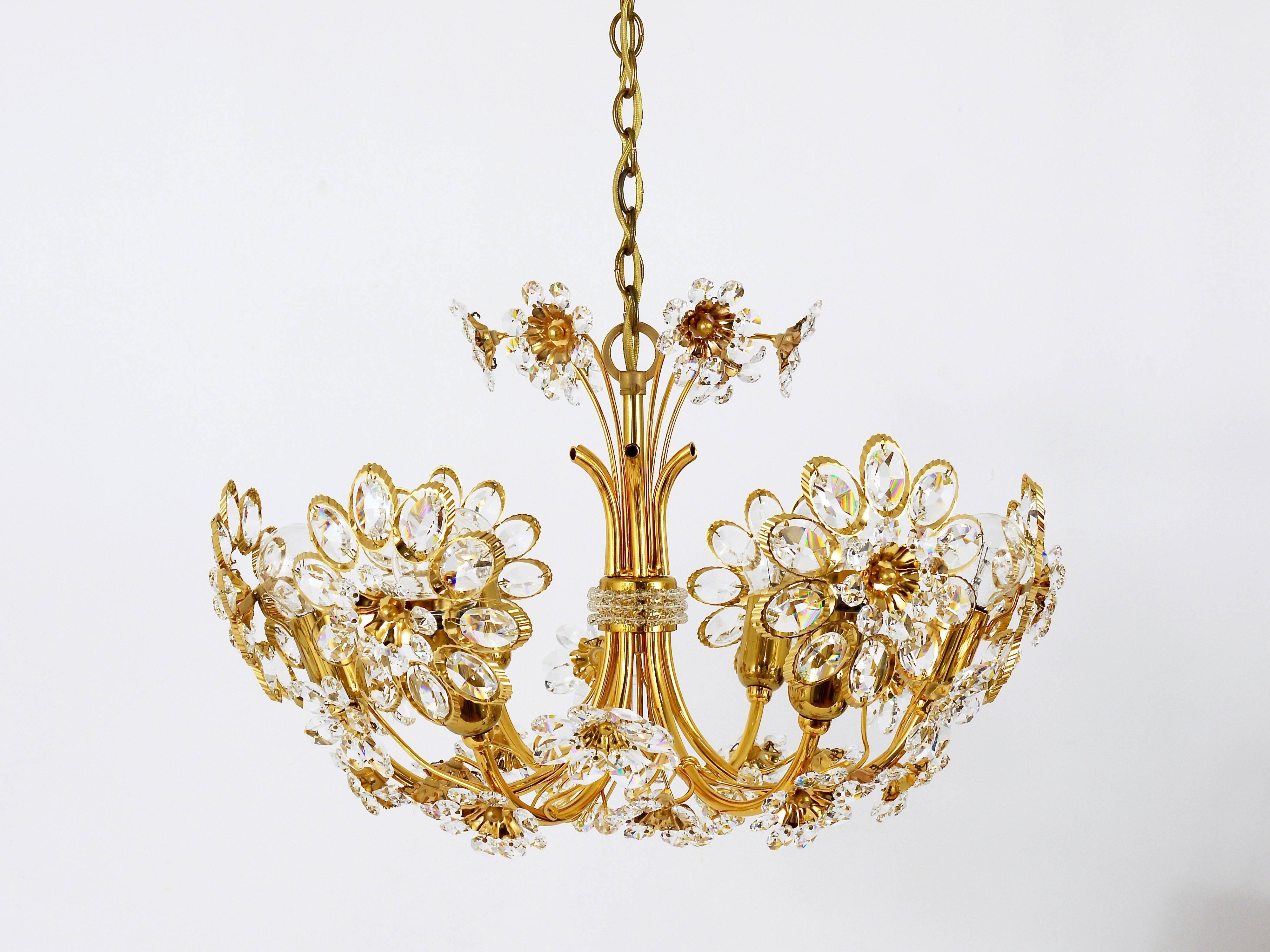 Palwa Flower Chandelier, Gilt Brass and Faceted Crystals, Germany, 1970s 2
