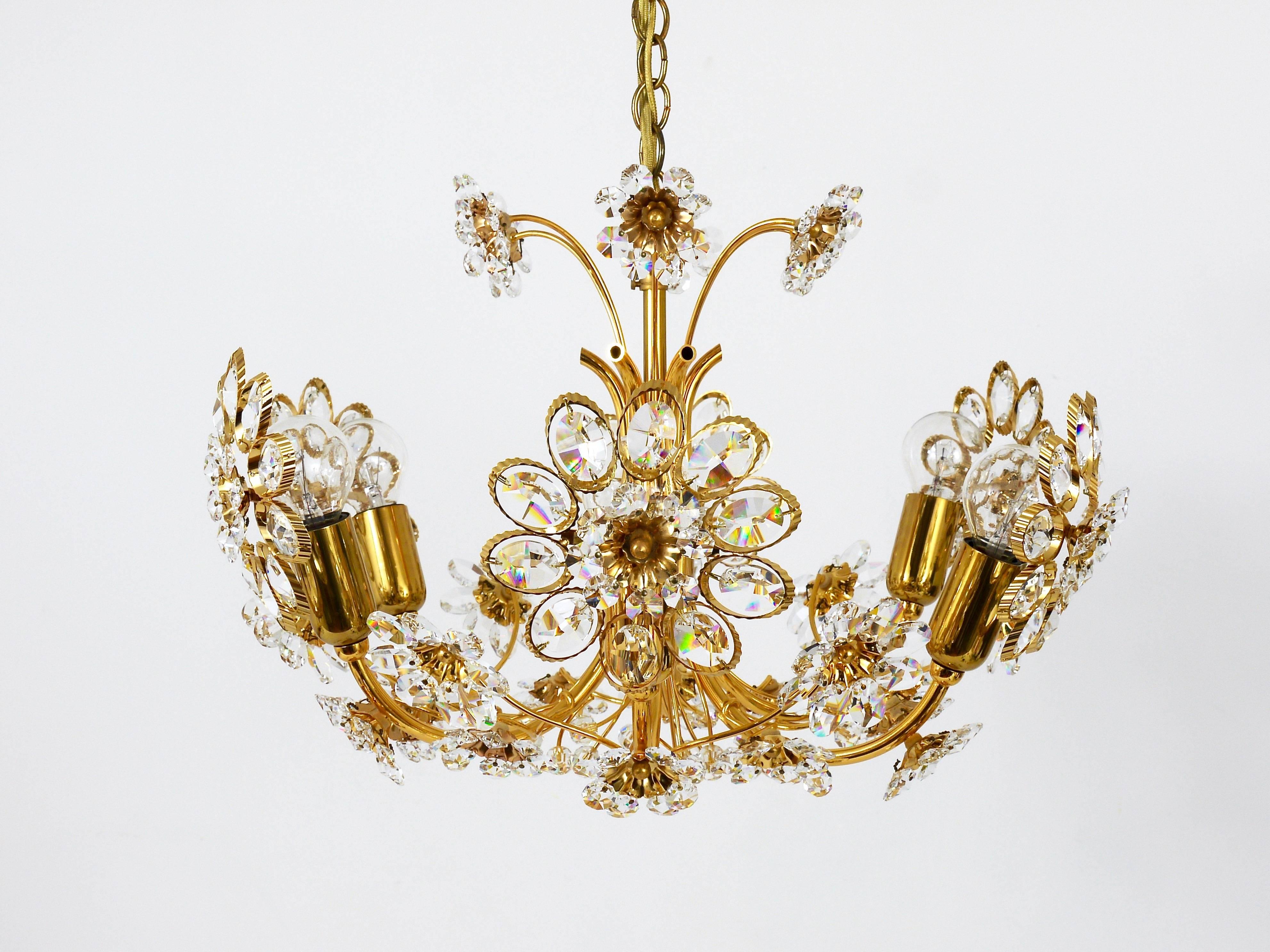 Palwa Flower Chandelier, Gilt Brass and Faceted Crystals, Germany, 1970s 3