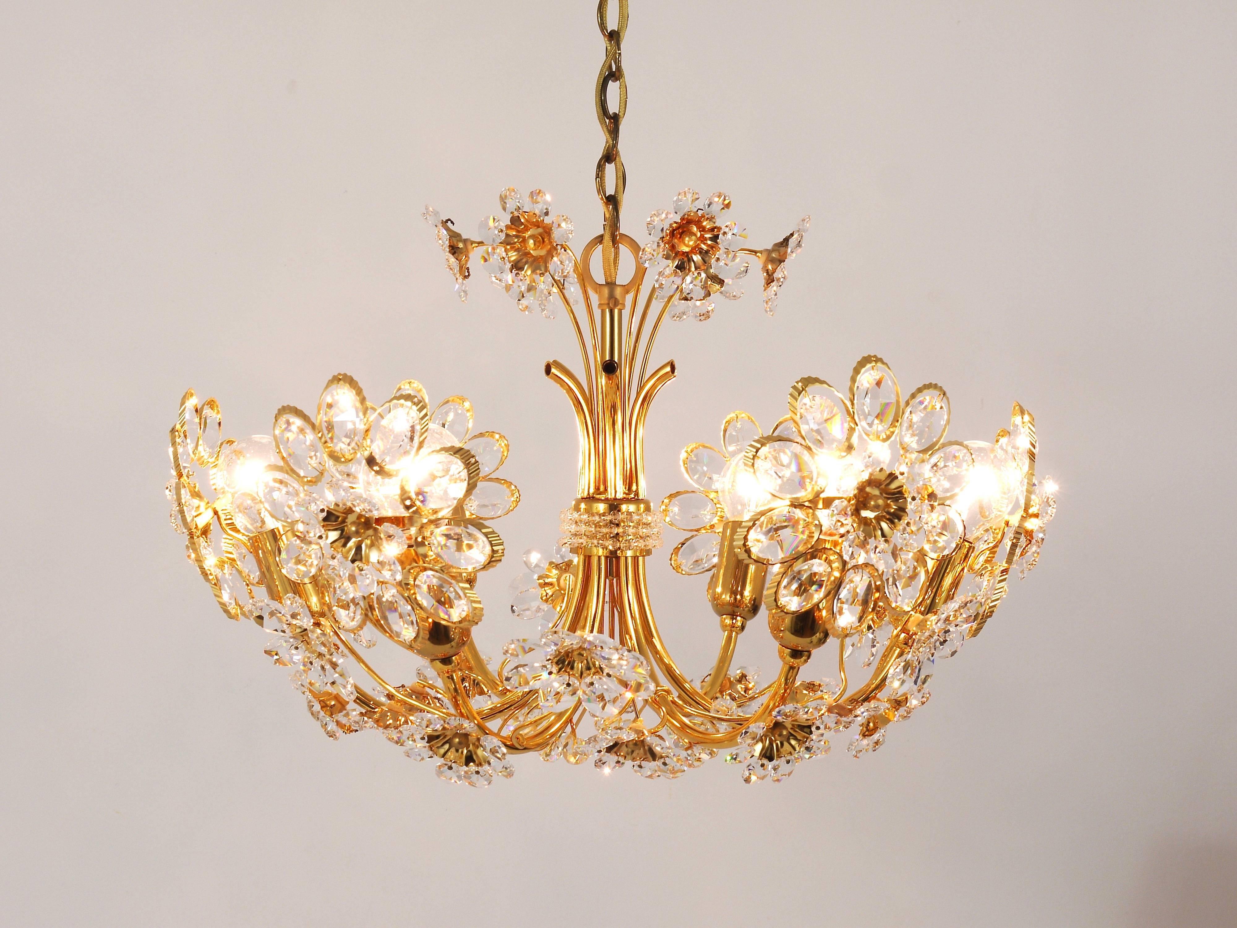 Palwa Flower Chandelier, Gilt Brass and Faceted Crystals, Germany, 1970s 4