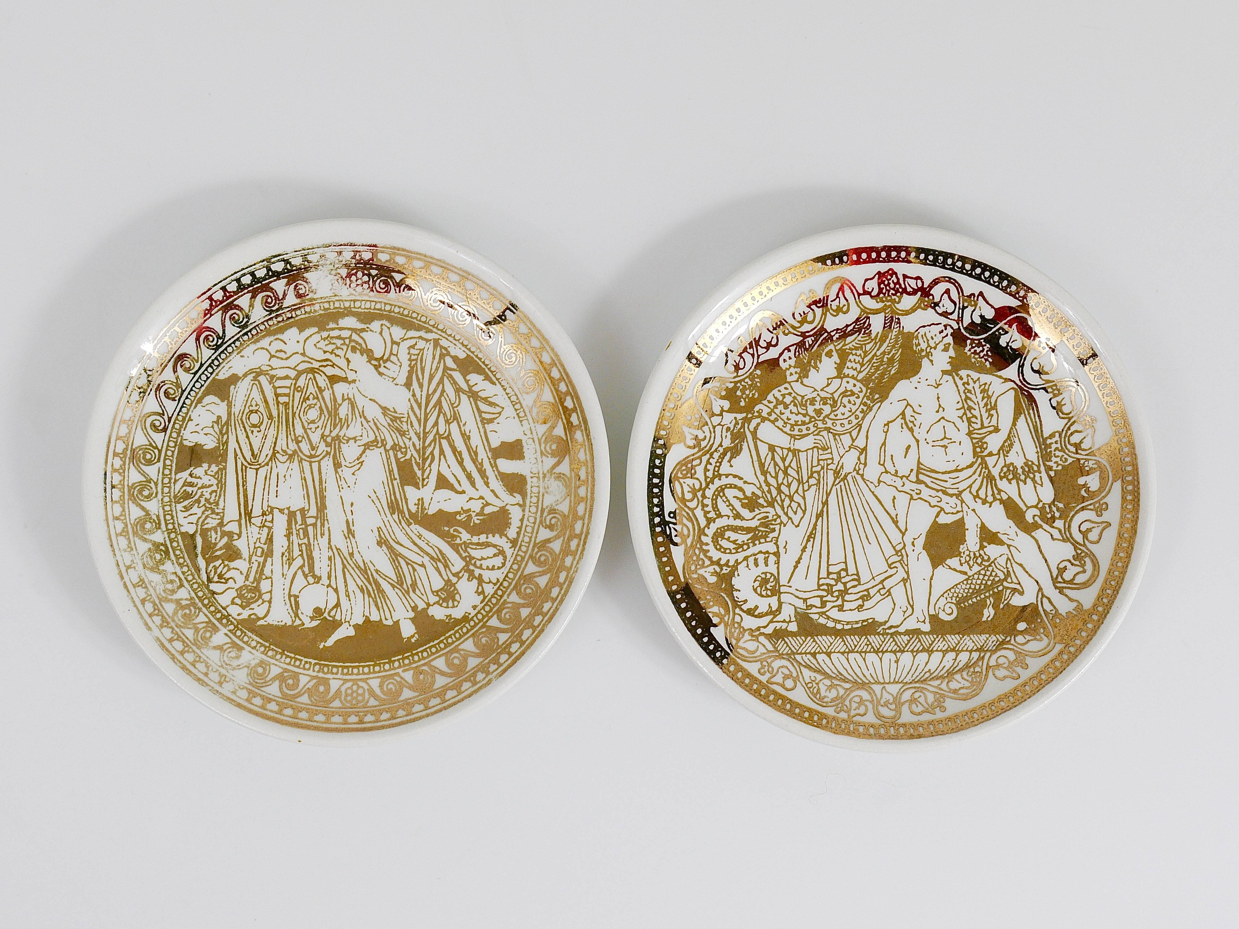 Italian Set of Seven Piero Fornasetti Mitologia Gilded Porcelain Coasters, Italy, 1950s