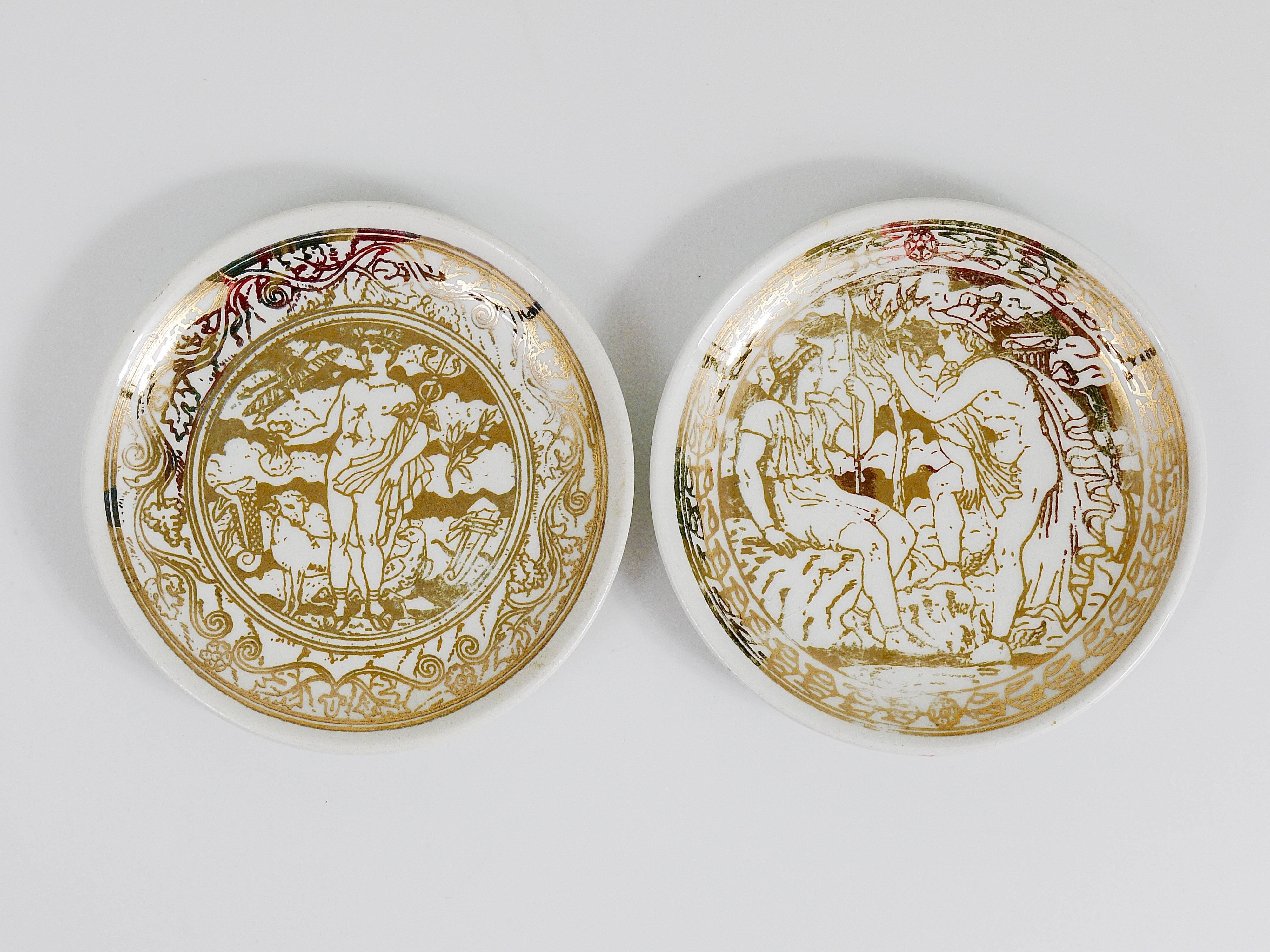 Gilt Set of Seven Piero Fornasetti Mitologia Gilded Porcelain Coasters, Italy, 1950s