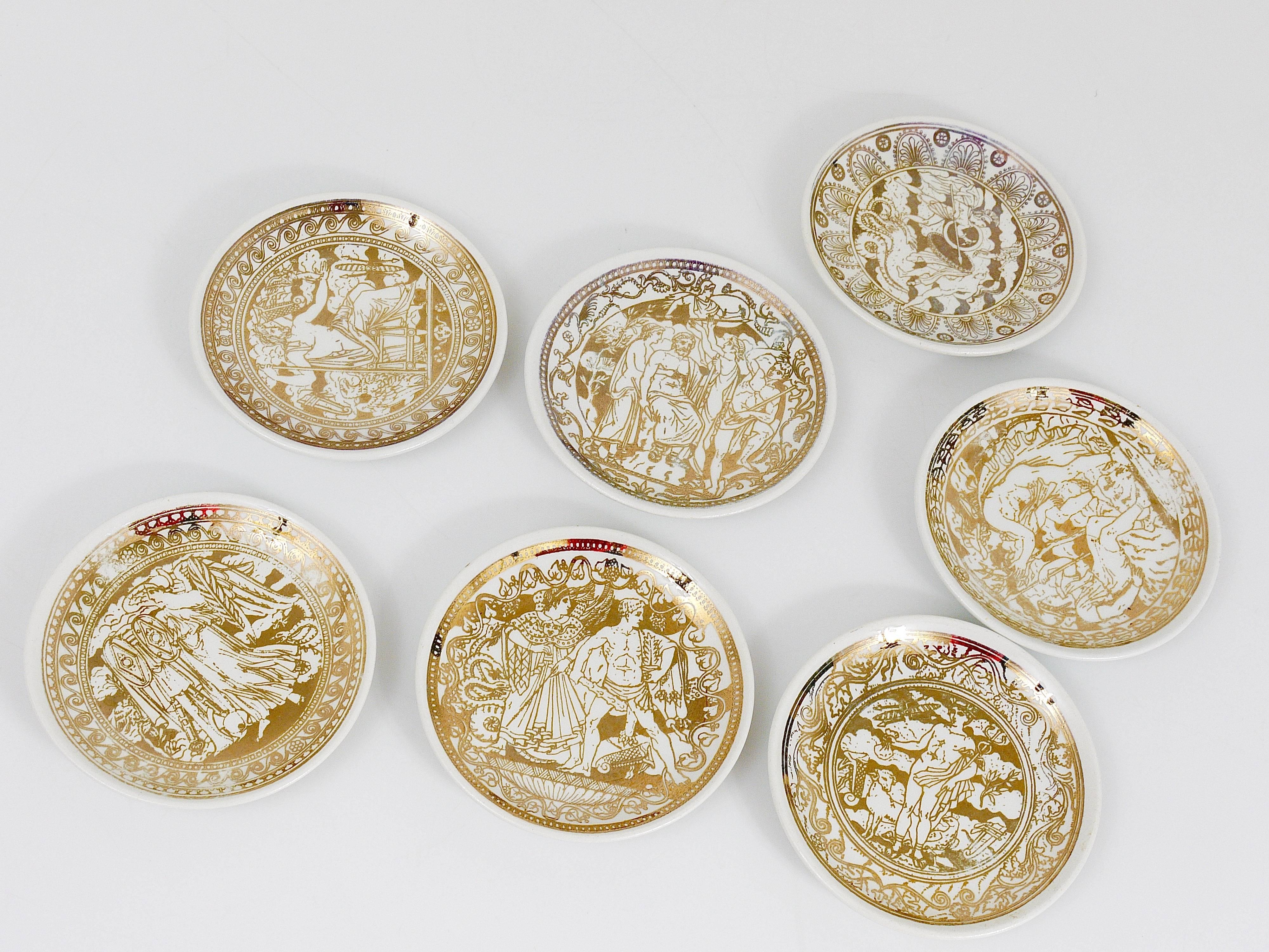 Set of Seven Piero Fornasetti Mitologia Gilded Porcelain Coasters, Italy, 1950s 1