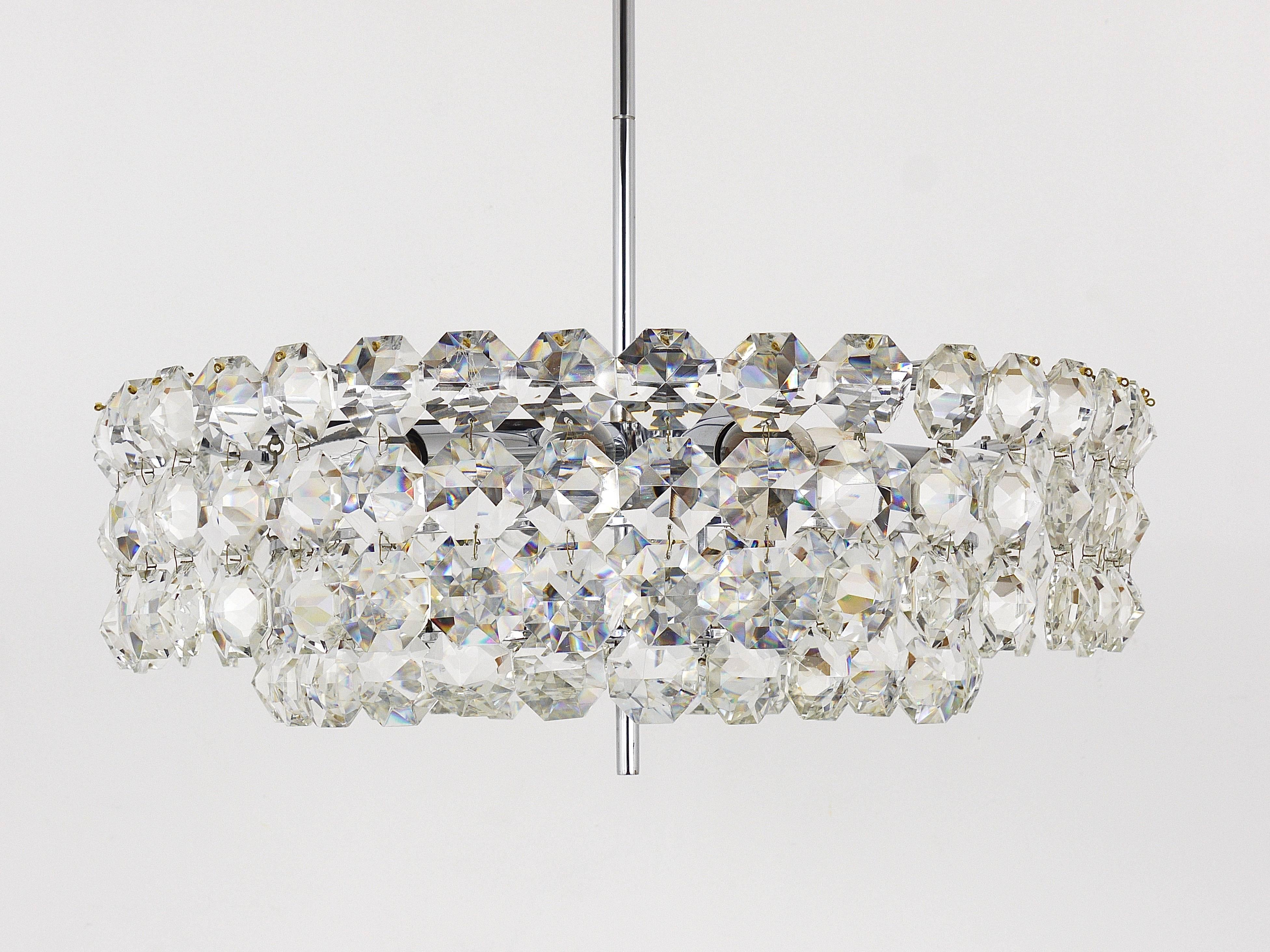 20th Century Large Bakalowits Nickel Brass Chandelier with Diamond Crystals, Austria, 1950 For Sale