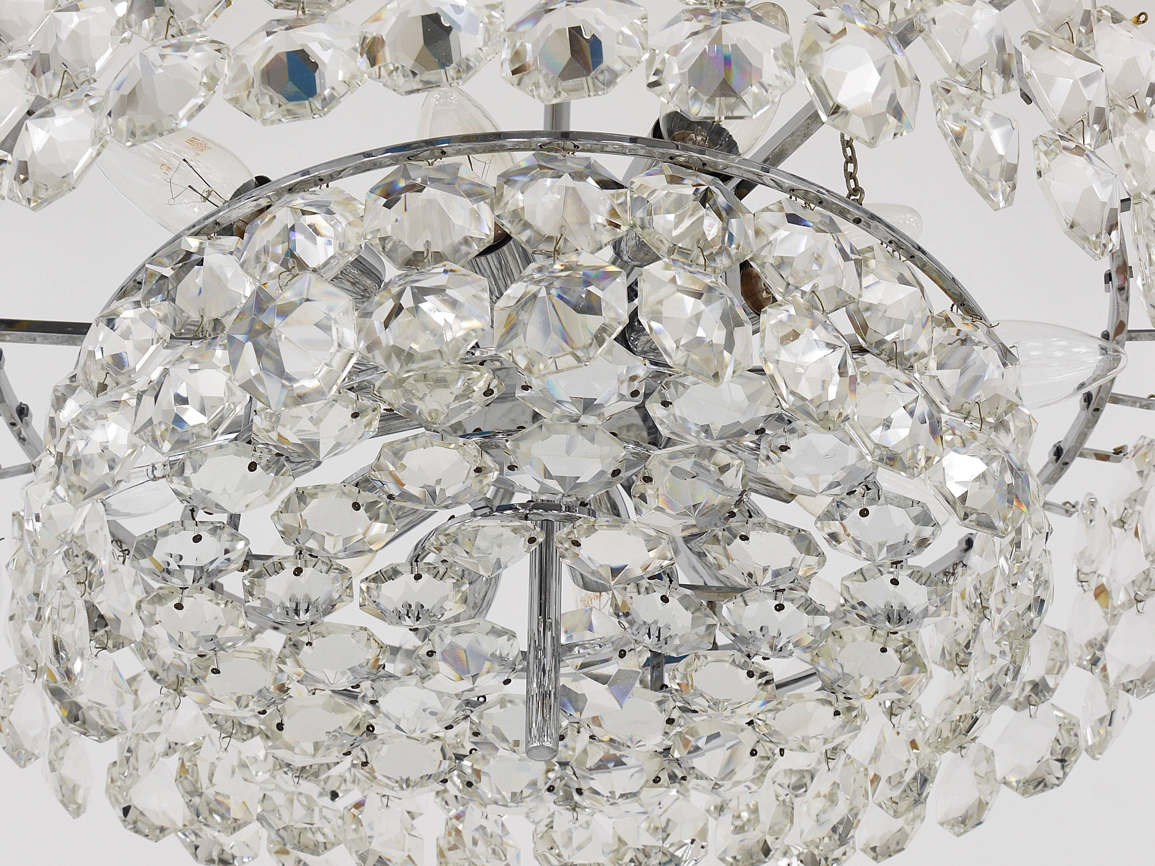 Large Bakalowits Nickel Brass Chandelier with Diamond Crystals, Austria, 1950 For Sale 1