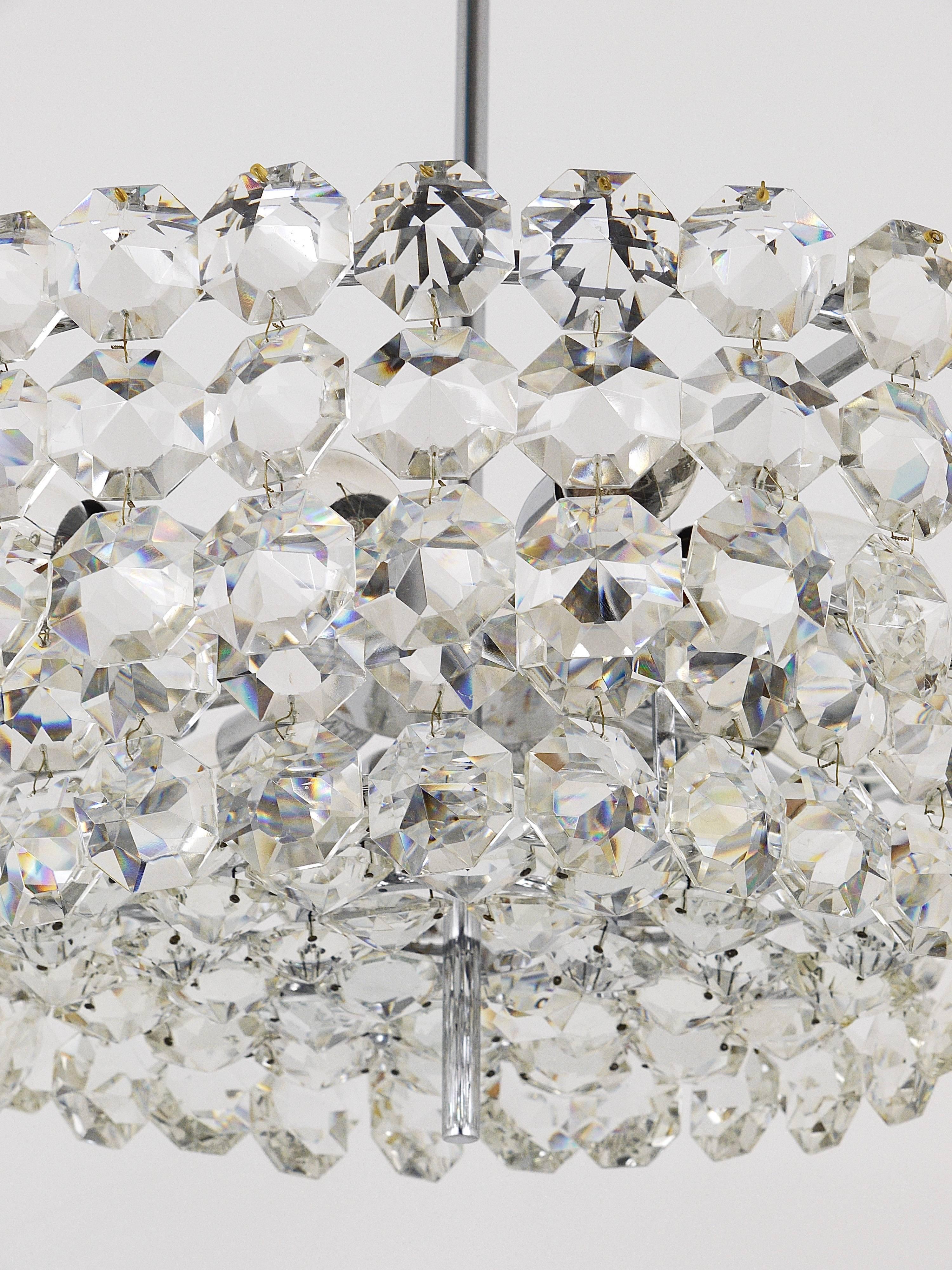 Faceted Large Bakalowits Nickel Brass Chandelier with Diamond Crystals, Austria, 1950 For Sale