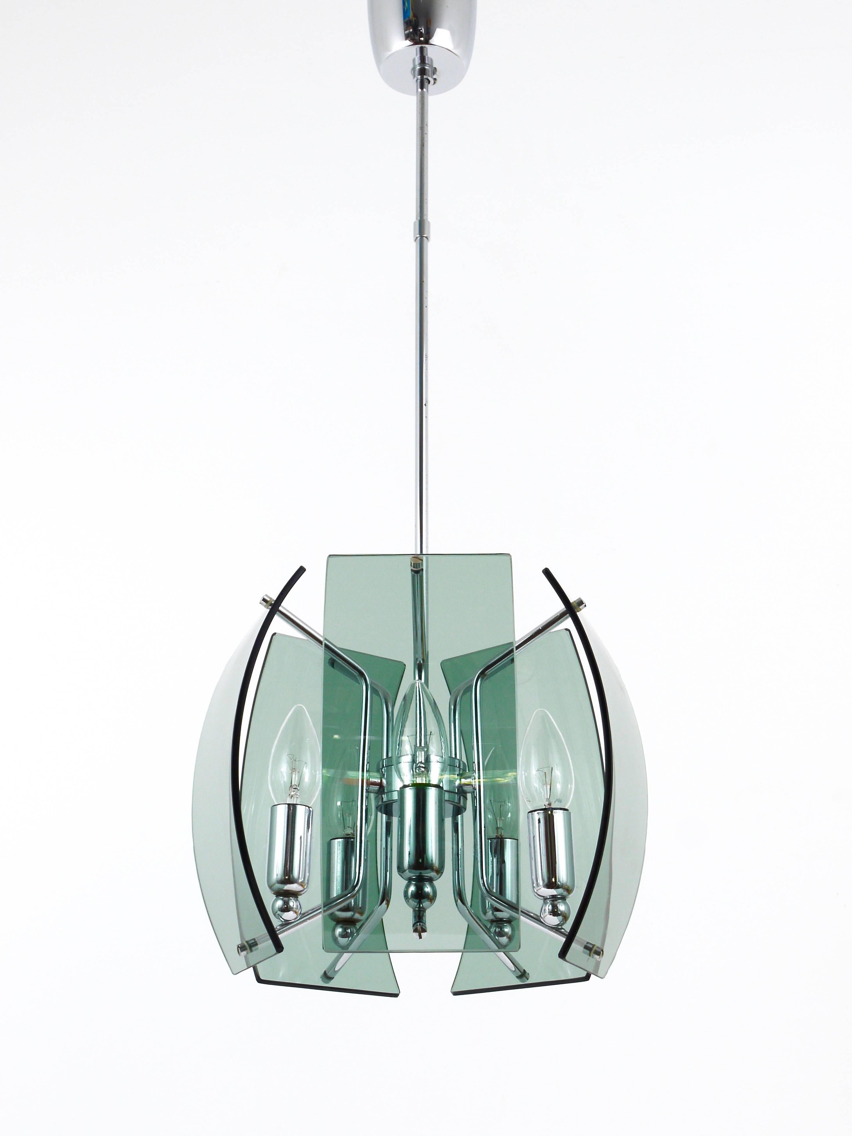 Mid-Century Modern Fontana Arte Style Mid-Century Glass & Chrome Chandelier, Italy, 1960s For Sale