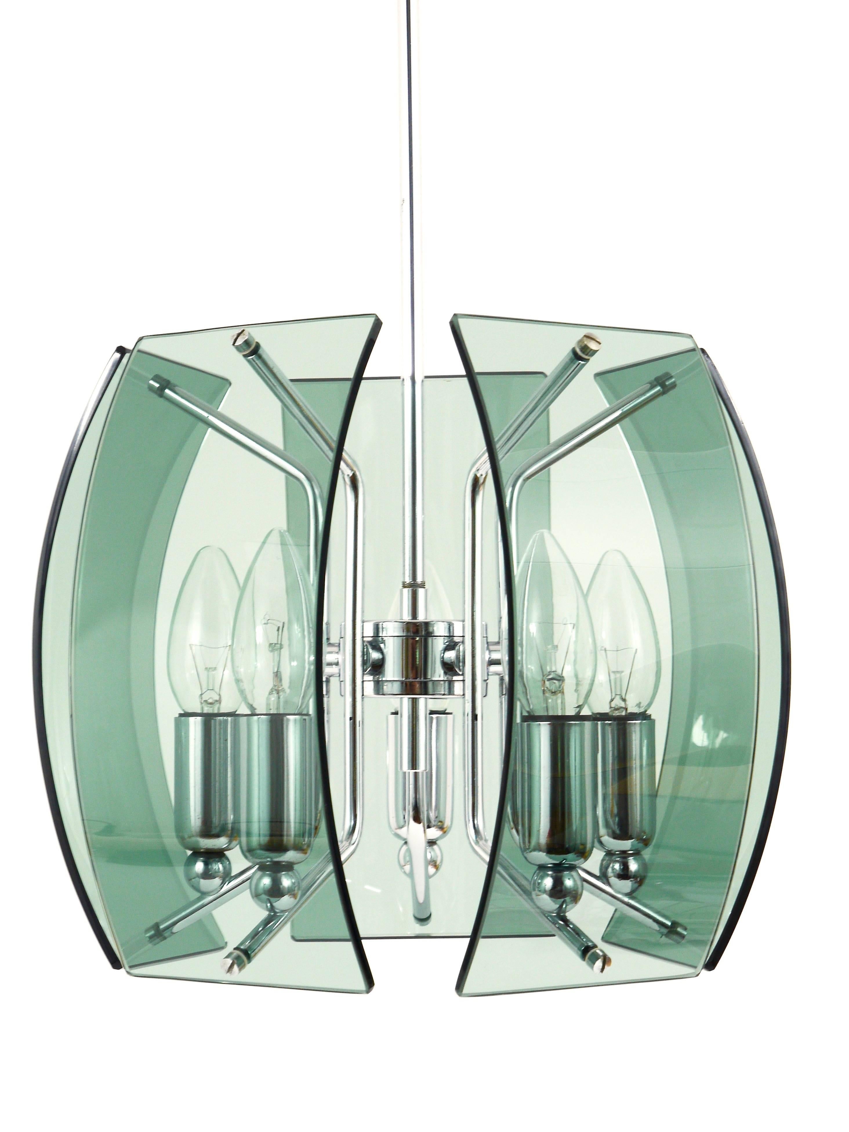 Italian Fontana Arte Style Mid-Century Glass & Chrome Chandelier, Italy, 1960s For Sale